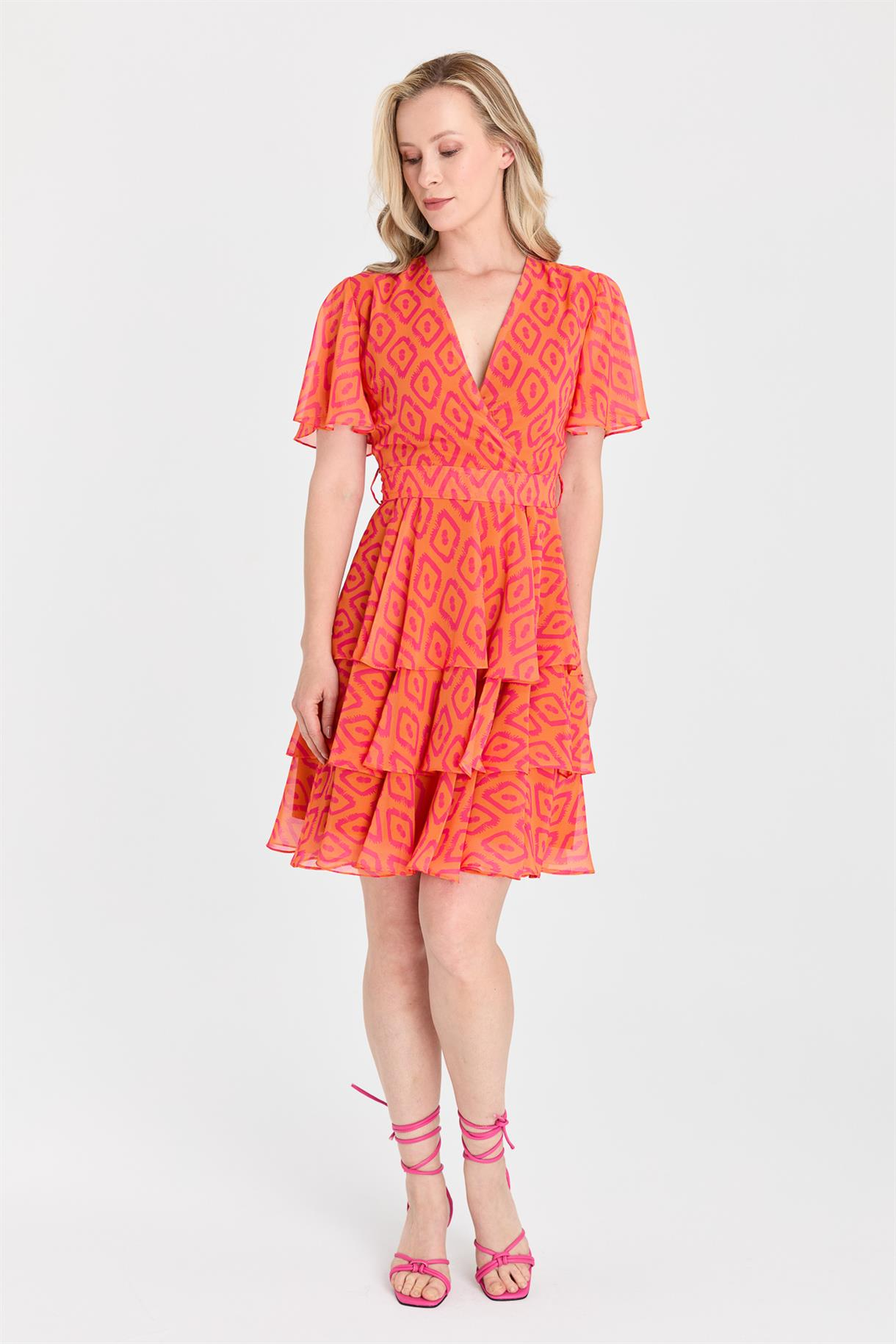 S5-564 GEOMETRİK BAS. ŞİF. BAYAN ELBİSE - ORANJE