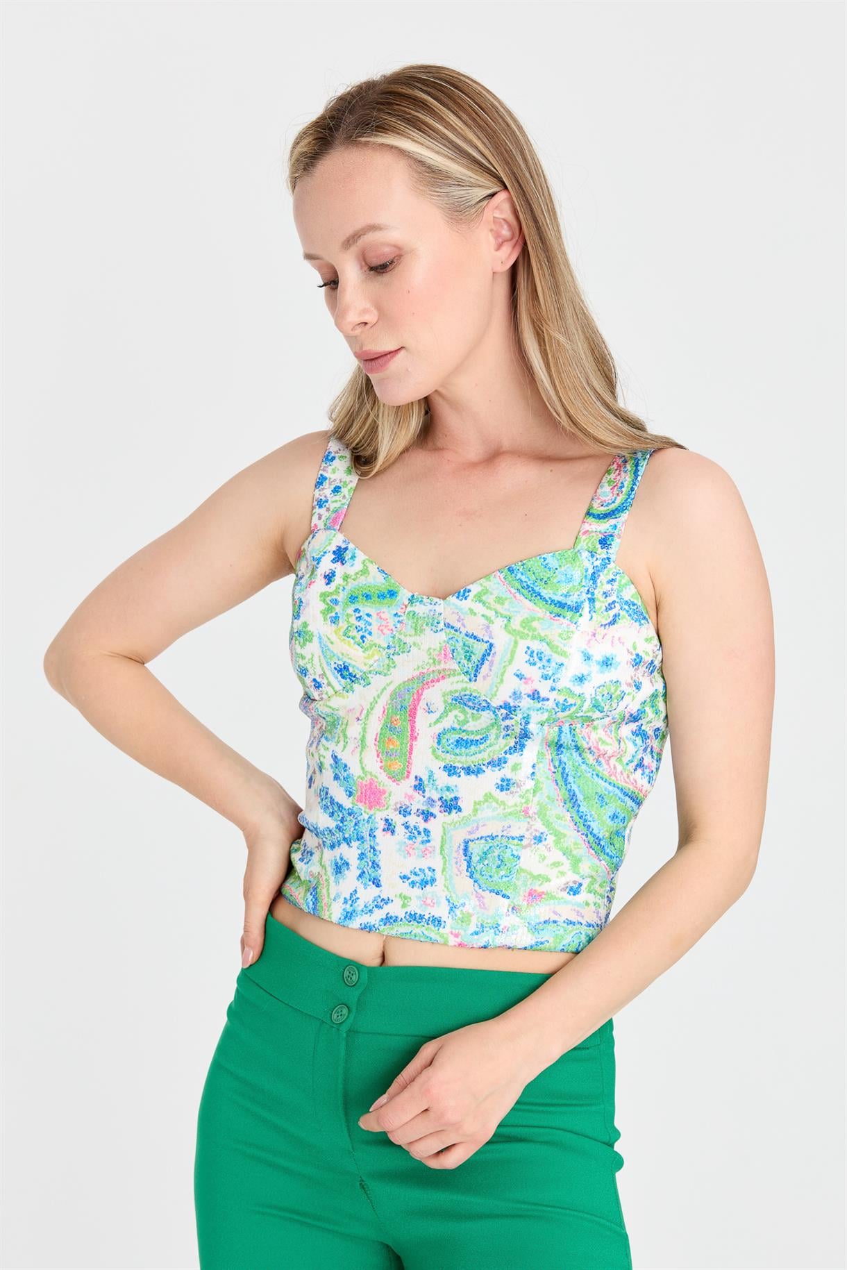 S8-547 BASK.PUL PAYET BAYAN BLUZ - YEŞİL