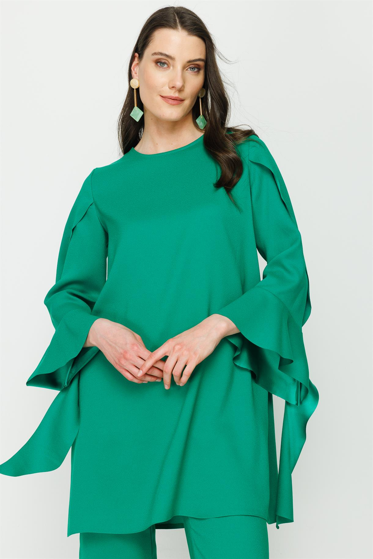S8-613 KREP SATEN BAYAN BLUZ - YEŞİL