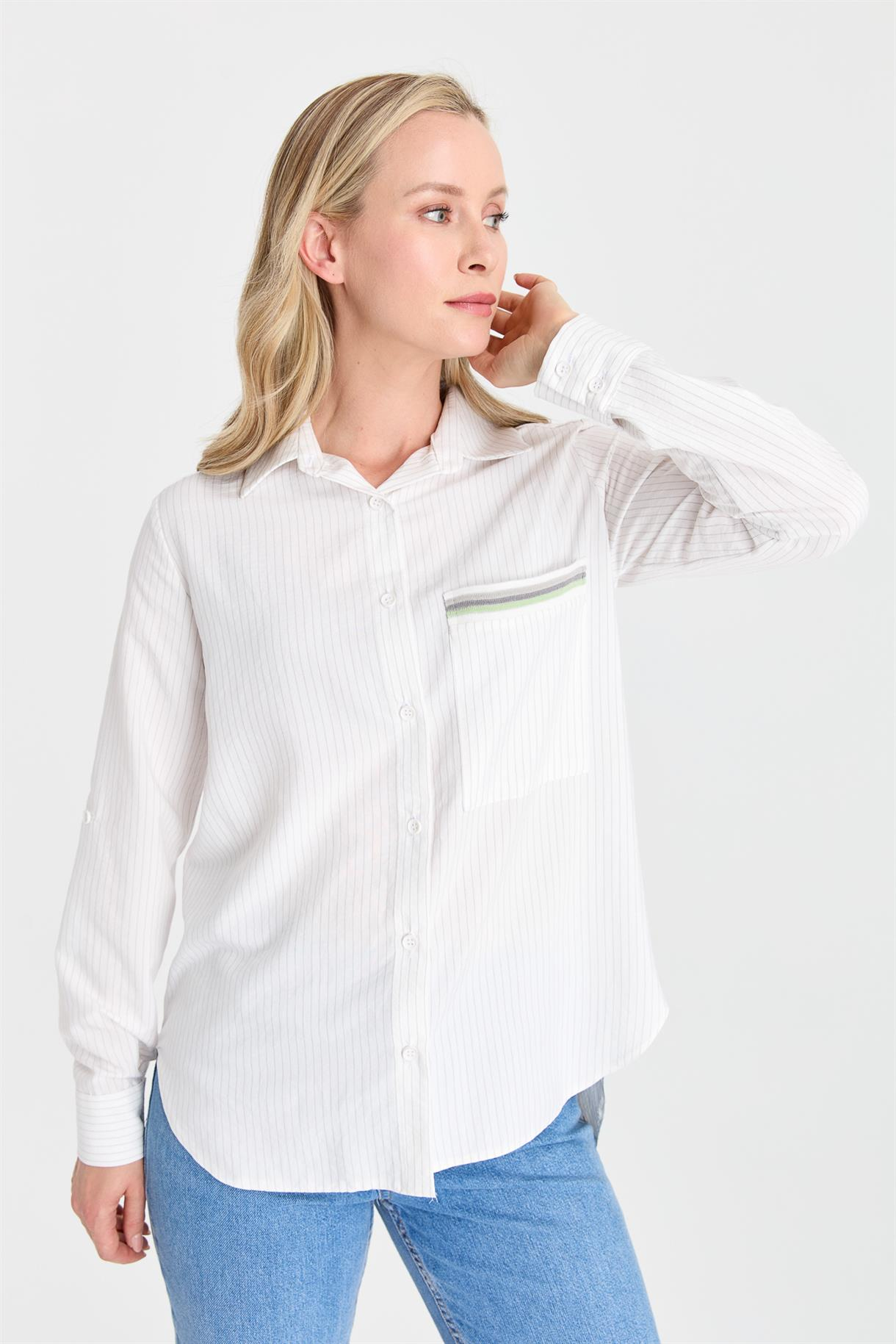 S8-627 ÇİZG.COTON BAYAN GÖMLEK - GRİ