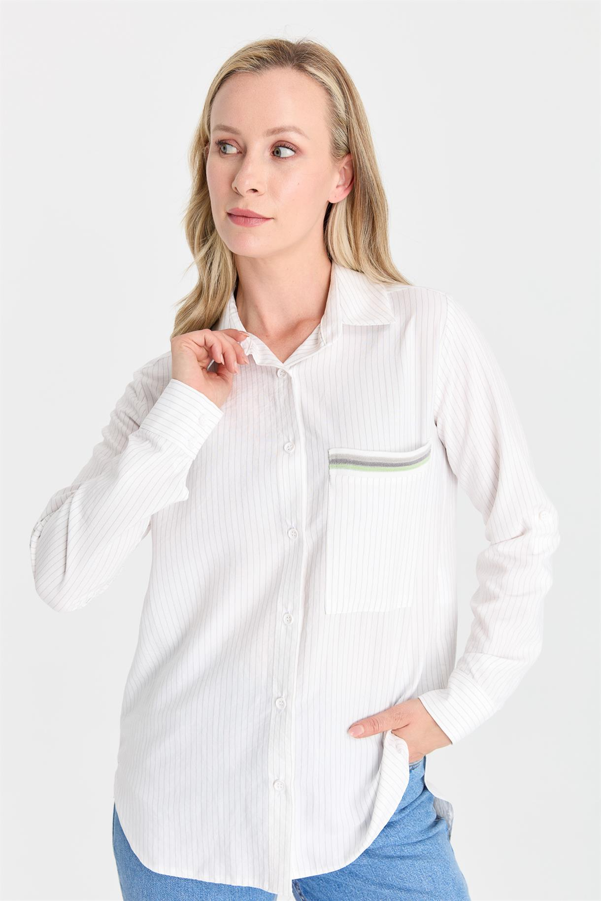 S8-627 ÇİZG.COTON BAYAN GÖMLEK - GRİ