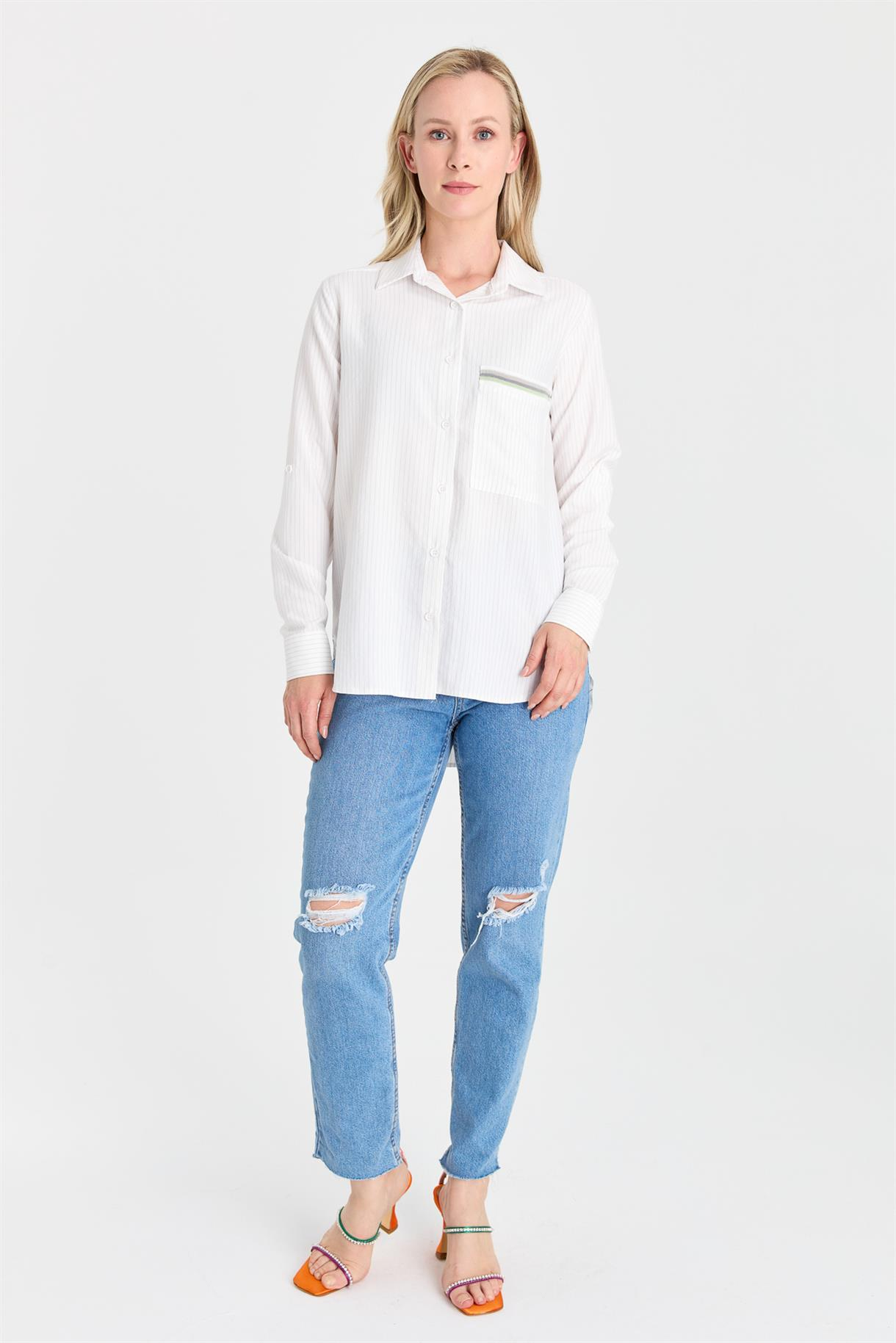 S8-627 ÇİZG.COTON BAYAN GÖMLEK - GRİ