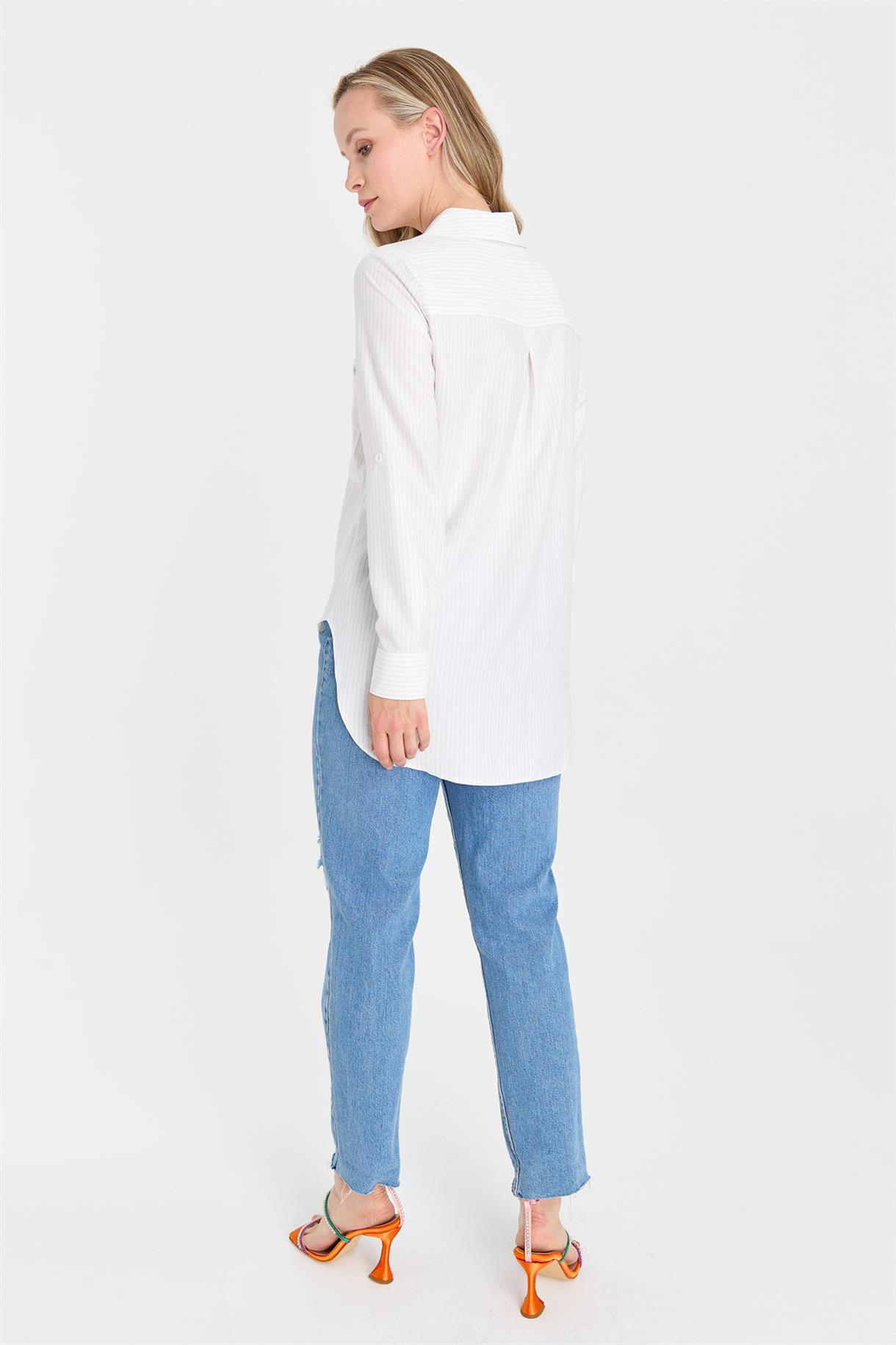 S8-627 ÇİZG.COTON BAYAN GÖMLEK - GRİ
