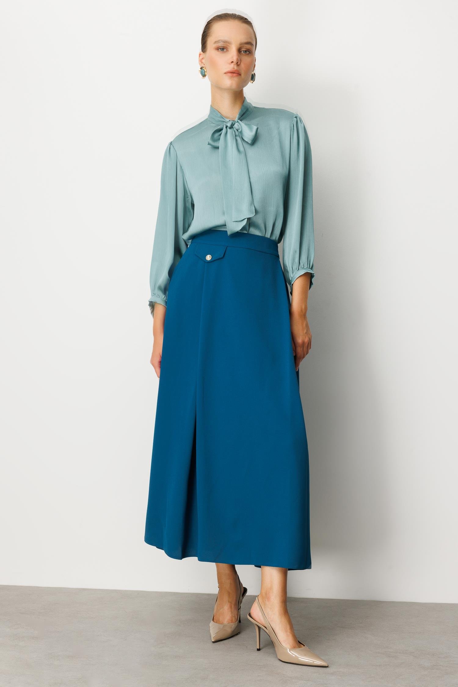 Sahte Cep Detaylı Krep Etek-PETROL