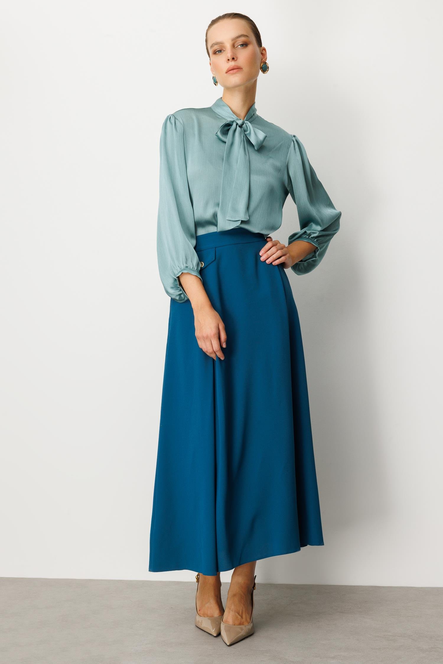 Sahte Cep Detaylı Krep Etek-PETROL