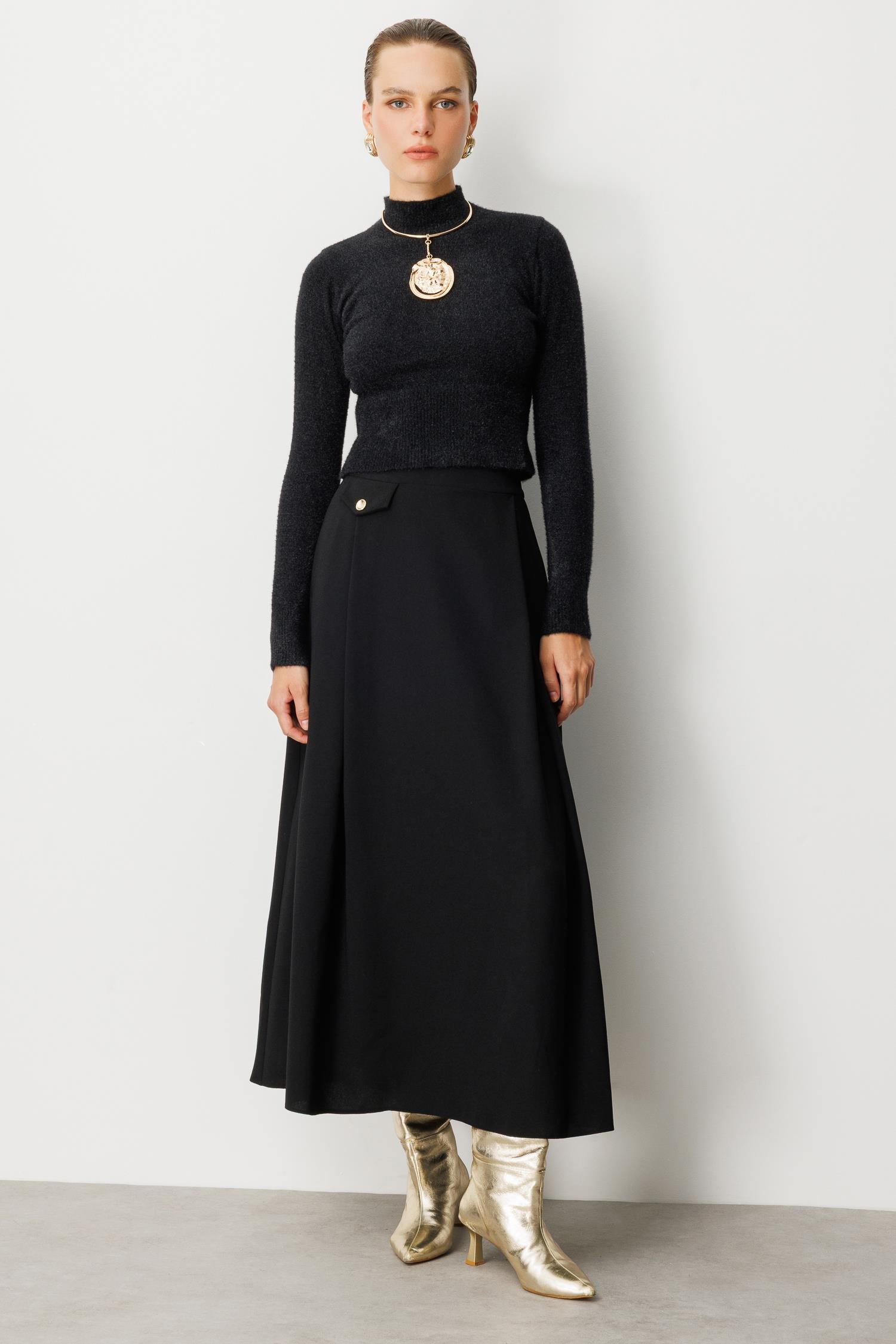 Sahte Cep Detaylı Krep Etek-SİYAH