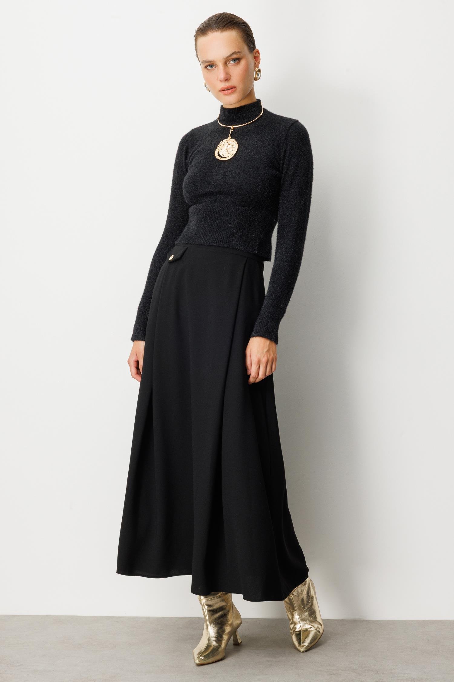 Sahte Cep Detaylı Krep Etek-SİYAH