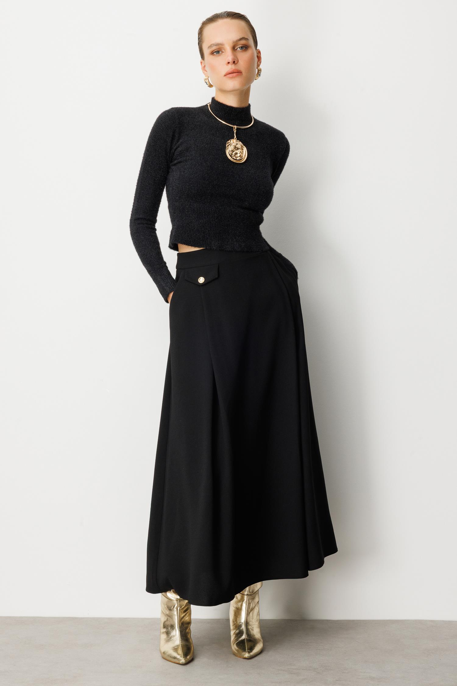 Sahte Cep Detaylı Krep Etek-SİYAH