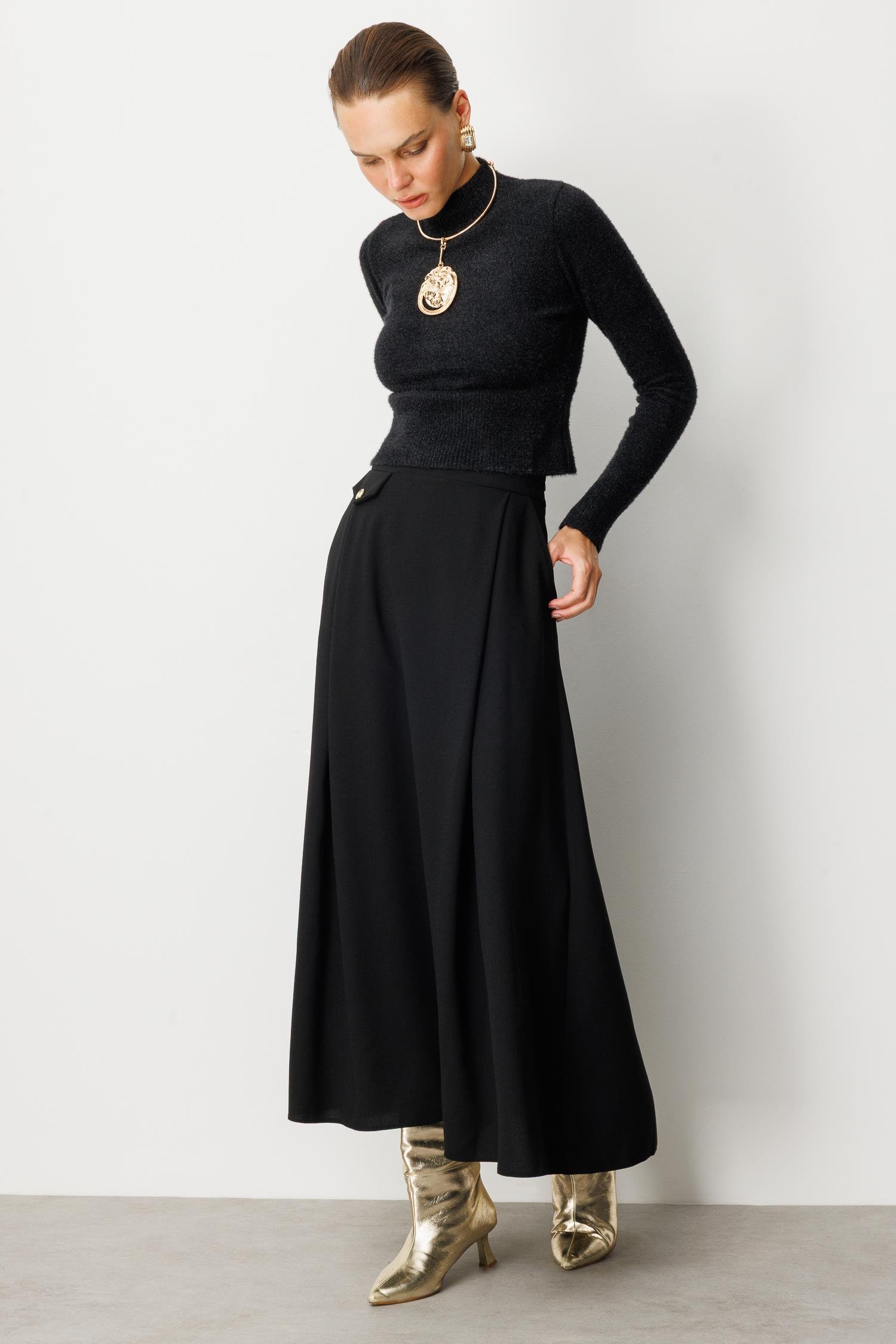 Sahte Cep Detaylı Krep Etek-SİYAH