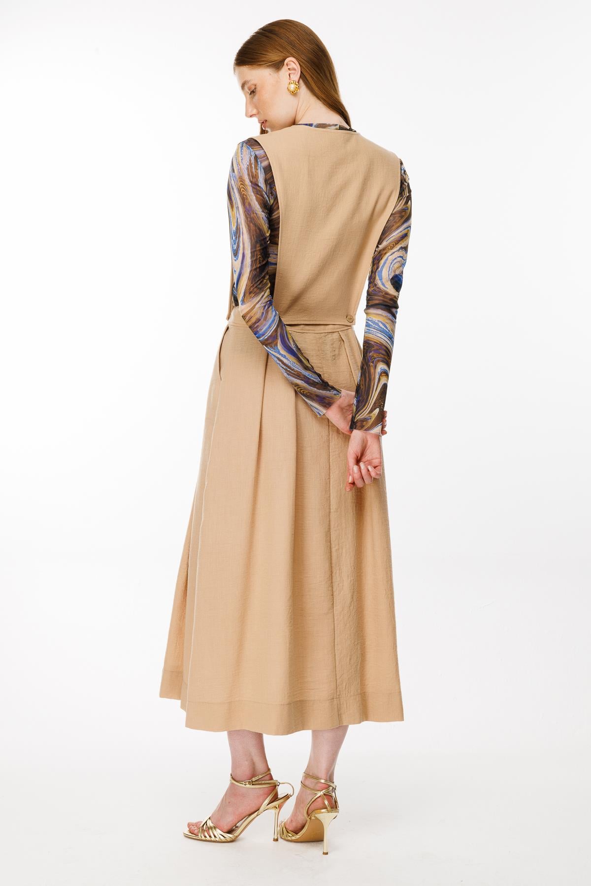 Salopet Görünümlü Keten Elbise - CAMEL