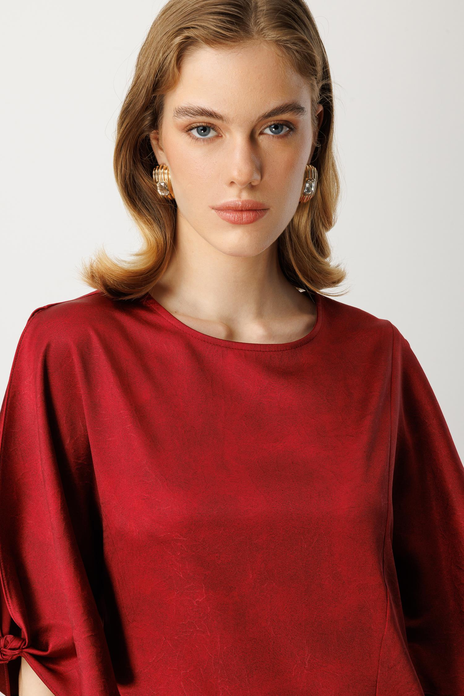 Saten Görünüm Kol Detaylı Elbise-BORDO