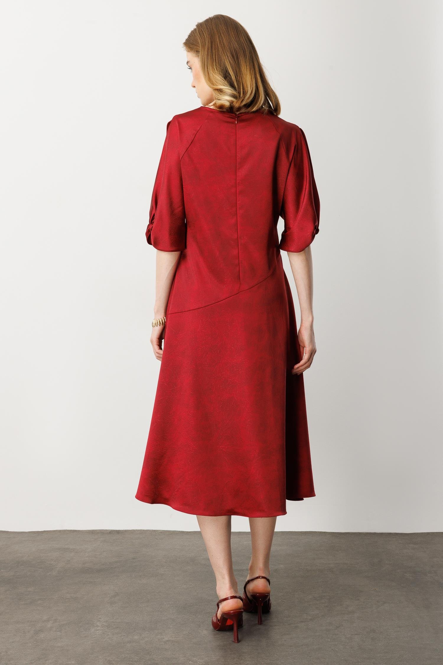 Saten Görünüm Kol Detaylı Elbise-BORDO