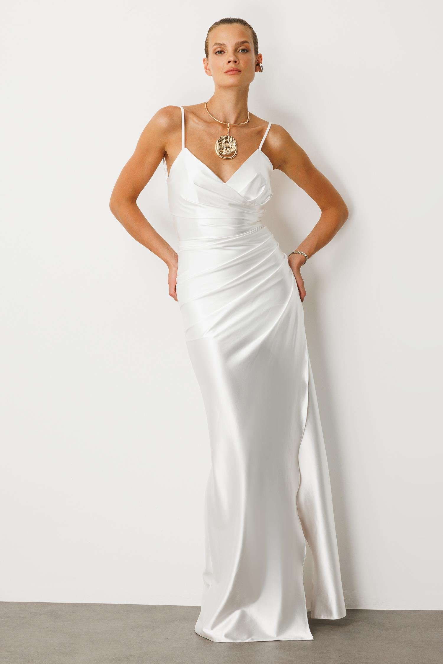 Saten Görünüm Kruvaze Abiye Elbise-EKRU