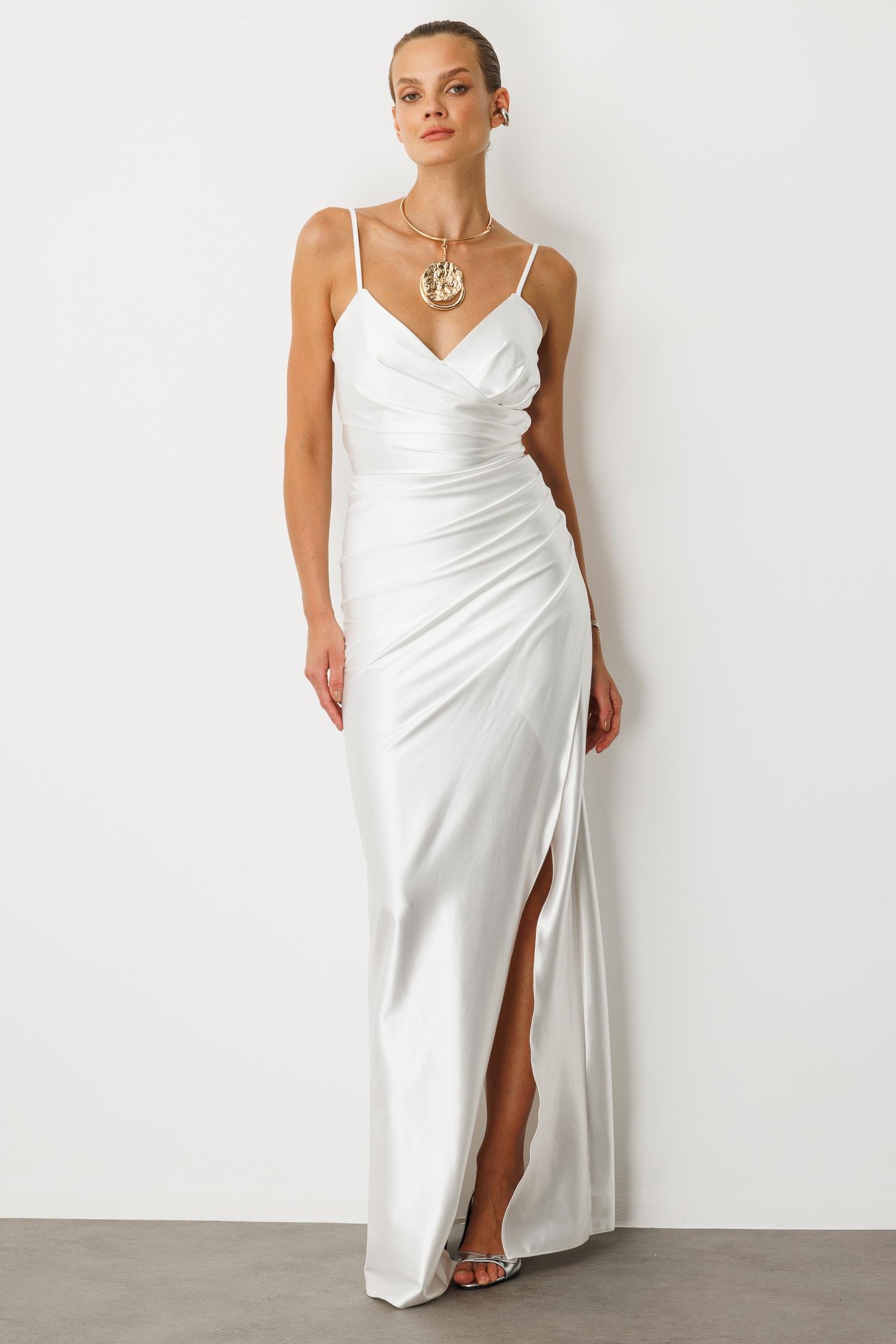 Saten Görünüm Kruvaze Abiye Elbise-EKRU