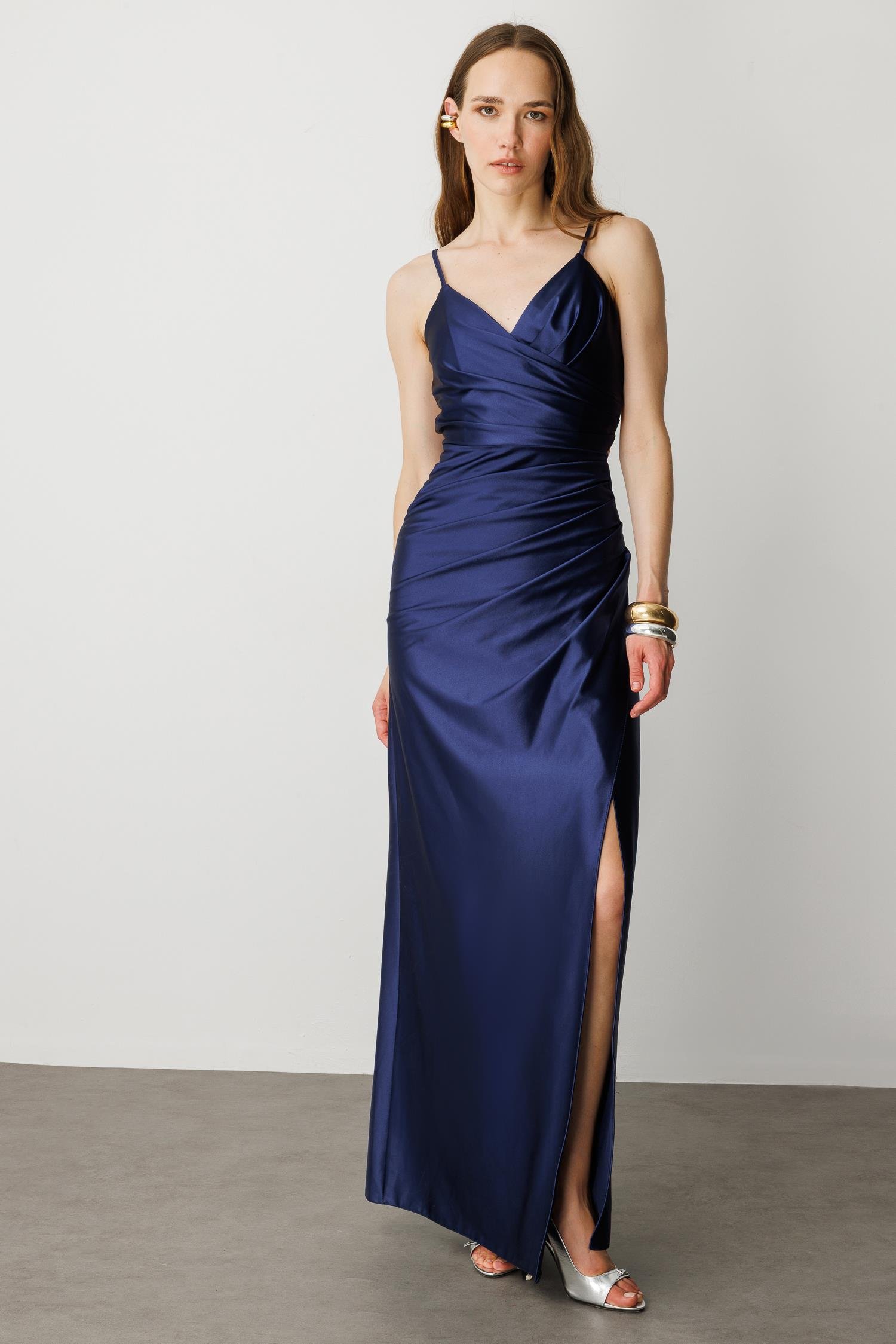 Saten Görünüm Kruvaze Abiye Elbise-LACI