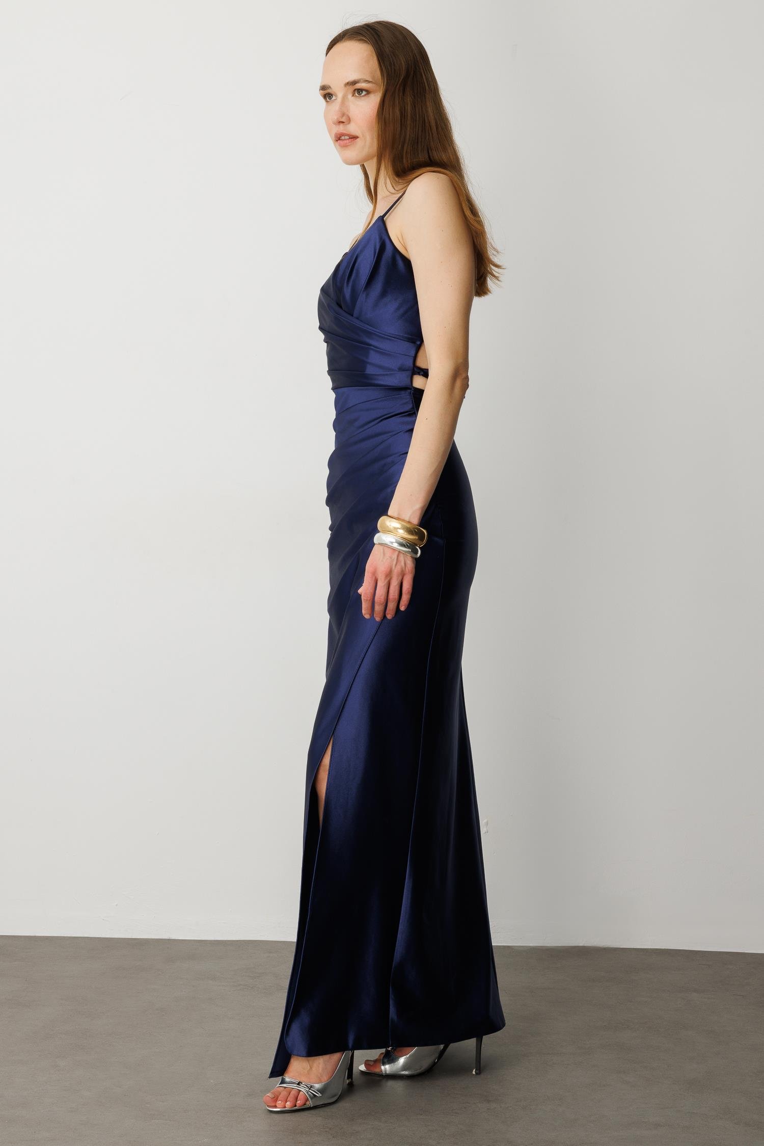 Saten Görünüm Kruvaze Abiye Elbise-LACI