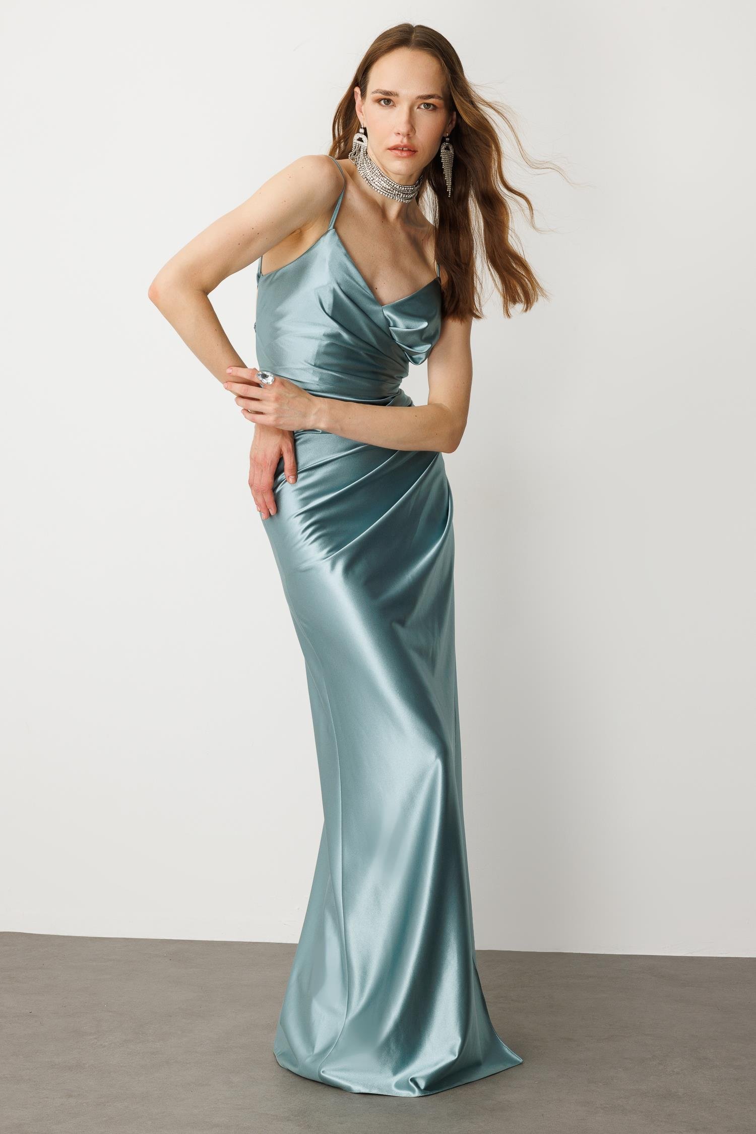 Saten Görünüm Kruvaze Abiye Elbise-MINT