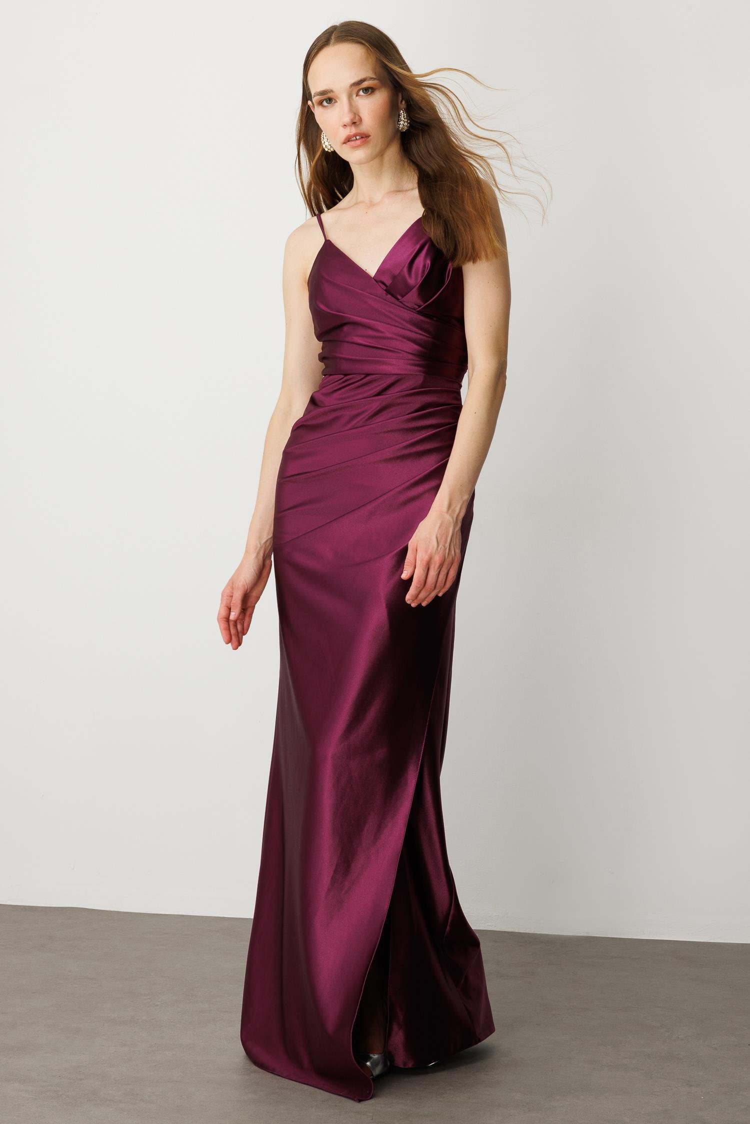 Saten Görünüm Kruvaze Abiye Elbise-MÜRDÜM