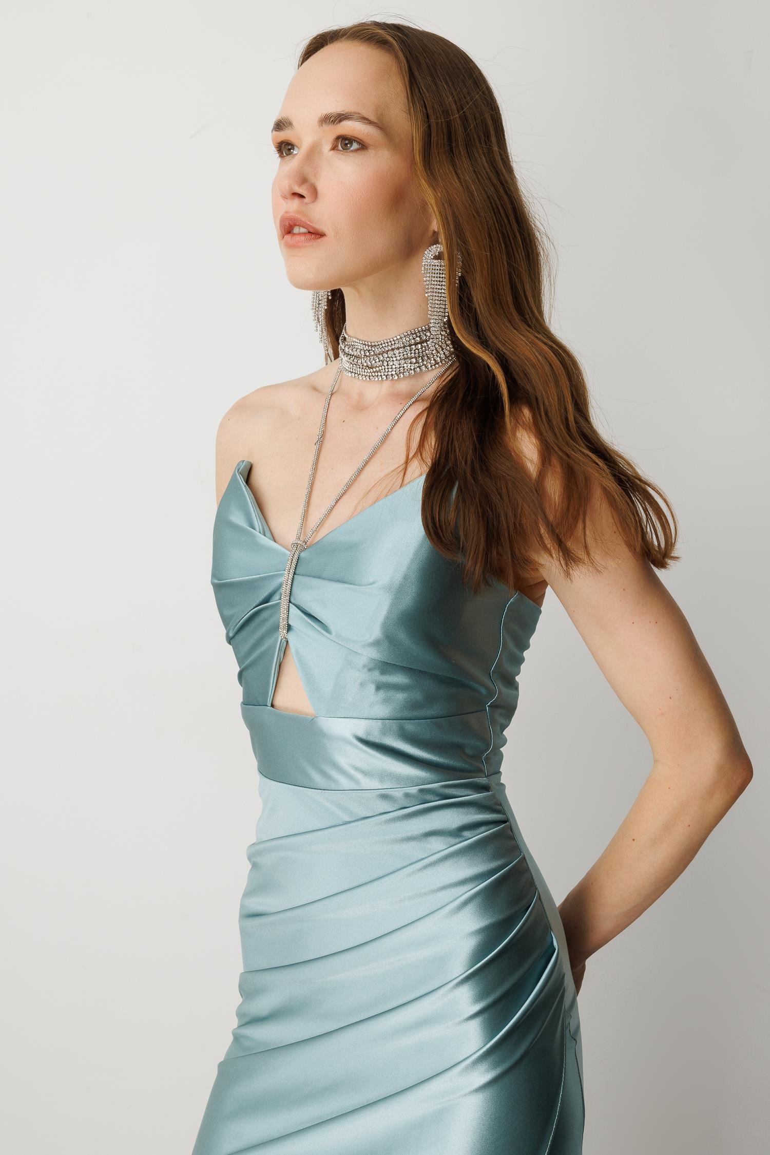 Saten Görünüm Taş Detaylı Abiye Elbise-MINT