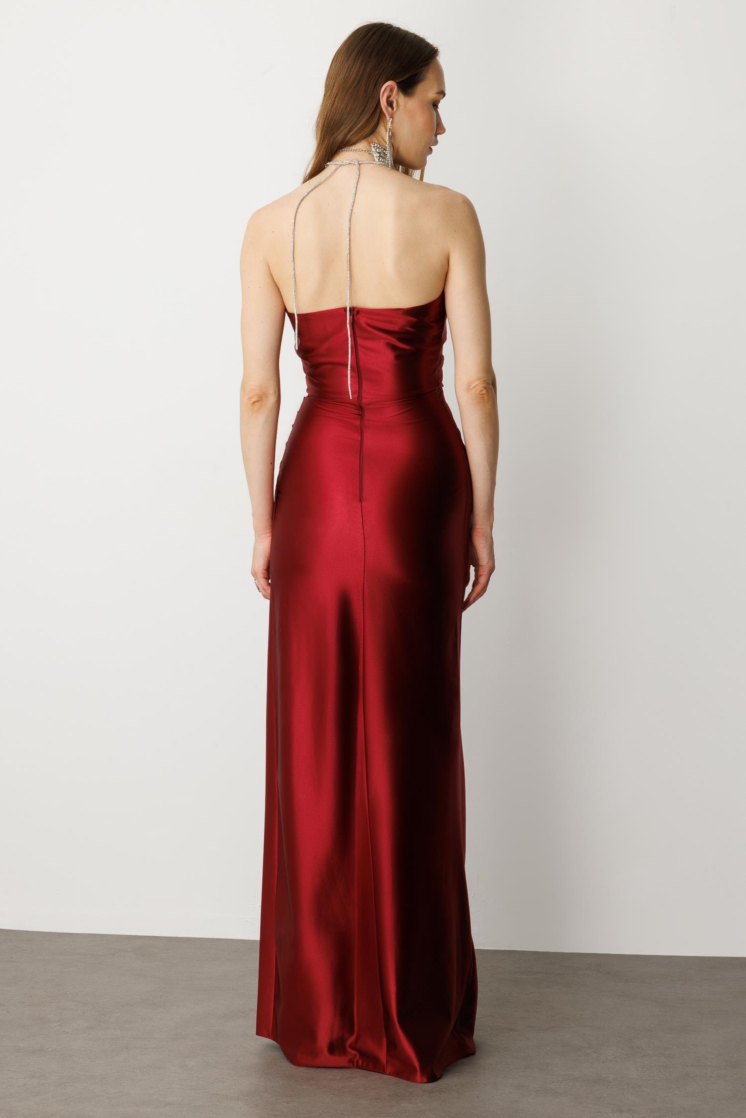 Saten Görünüm Taş Detaylı Abiye Elbise-BORDO