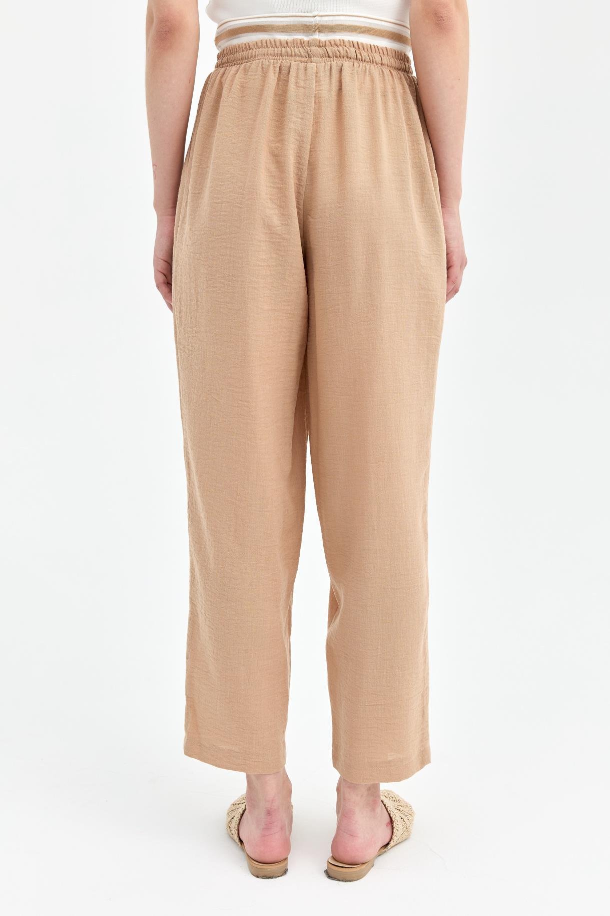 Şerit Lastik Detaylı Keten Pantolon - CAMEL