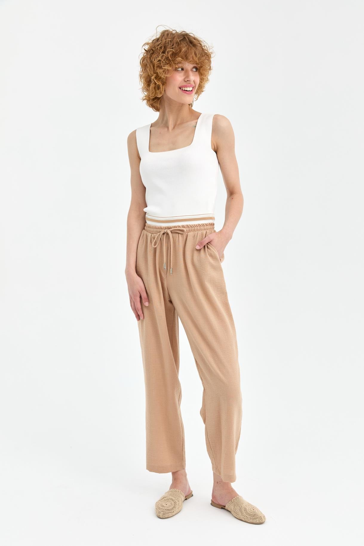 Şerit Lastik Detaylı Keten Pantolon - CAMEL