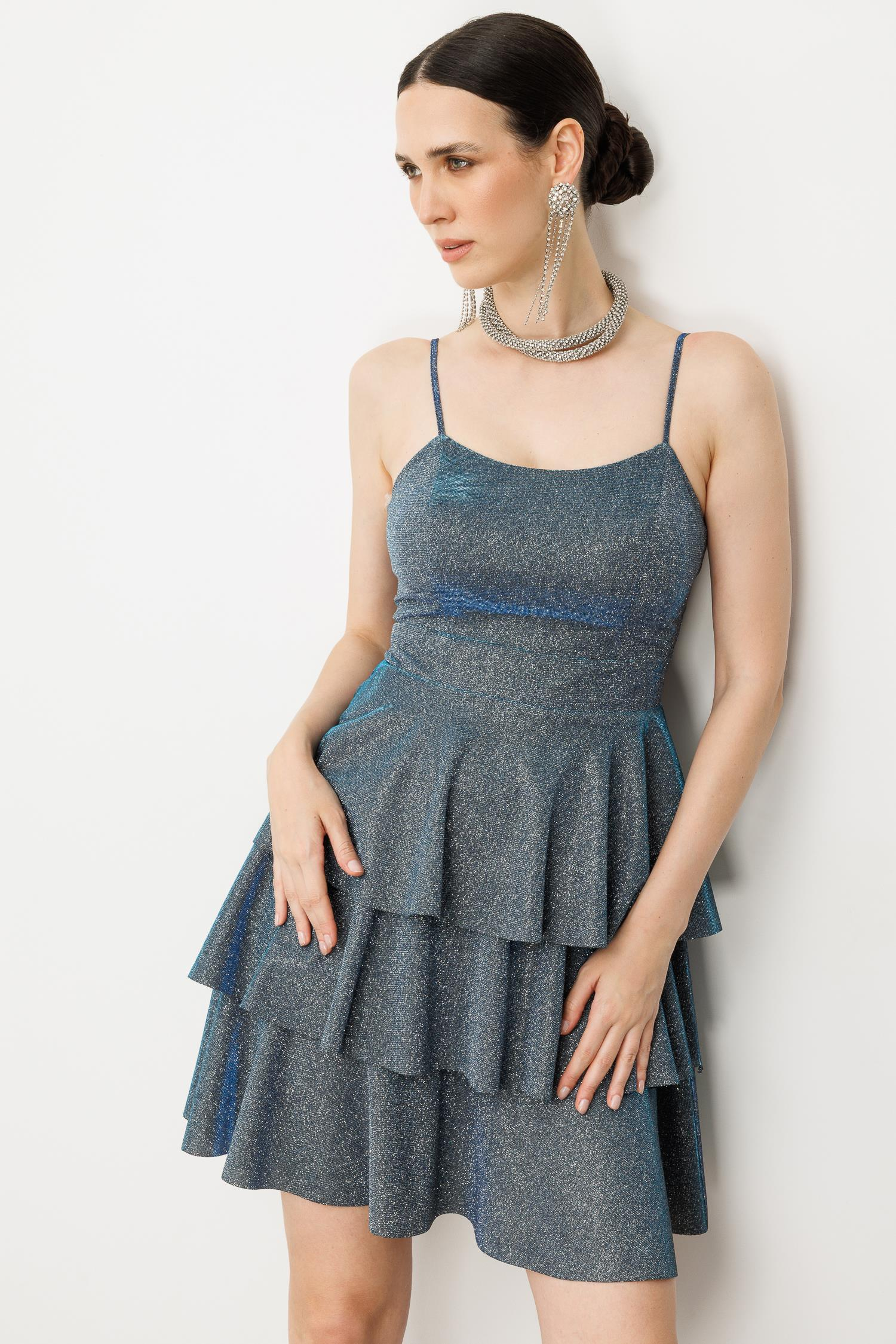 Sim Detay Kısa Abiye Elbise-SAX