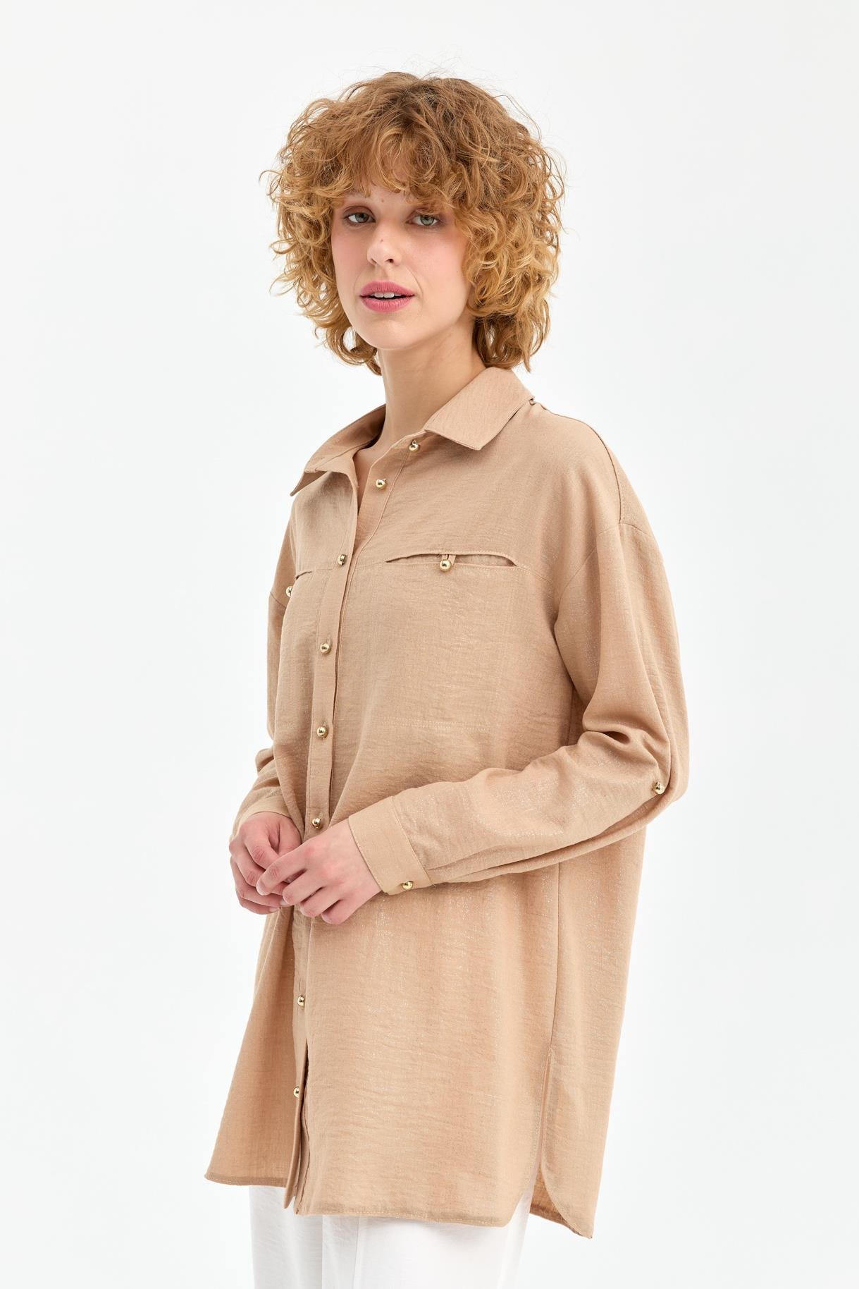 Sim Detaylı Keten Gömlek - CAMEL