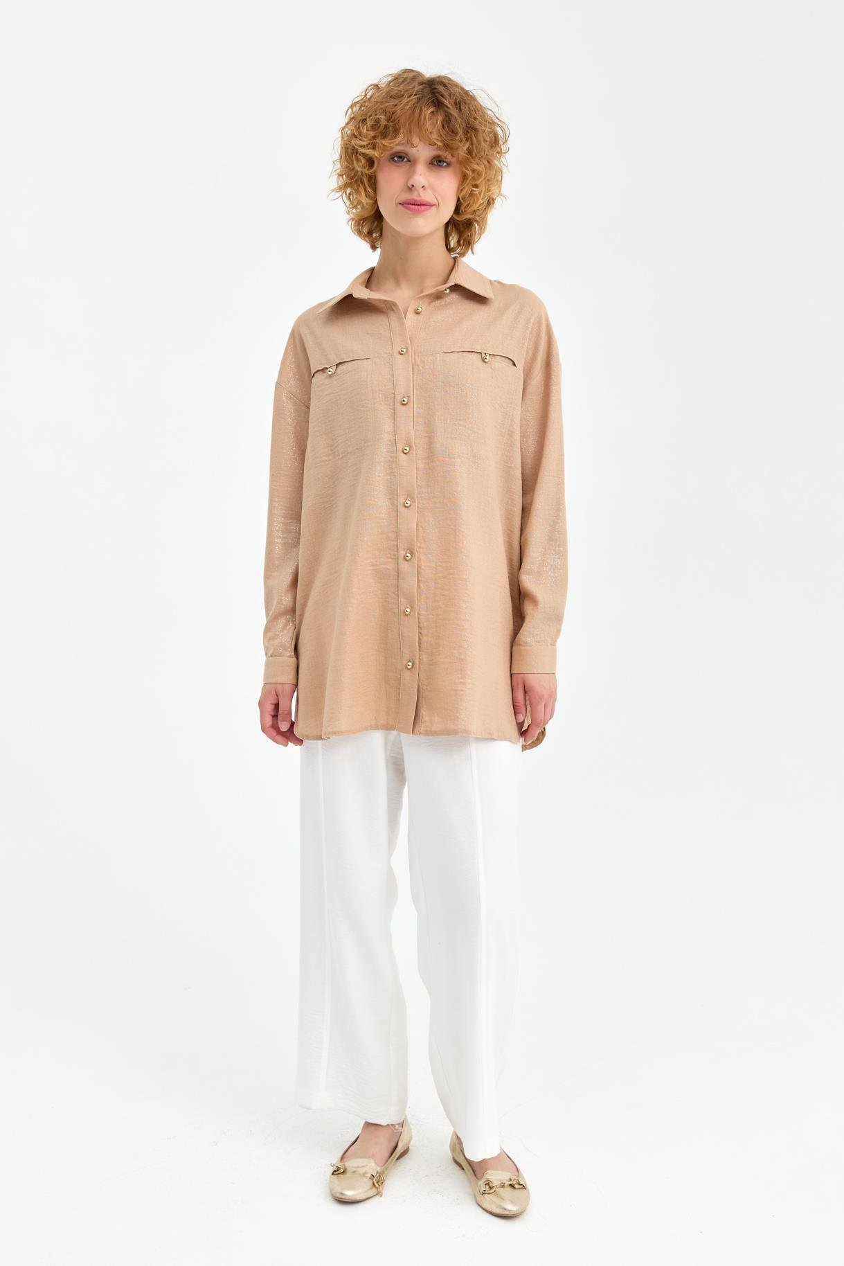 Sim Detaylı Keten Gömlek - CAMEL