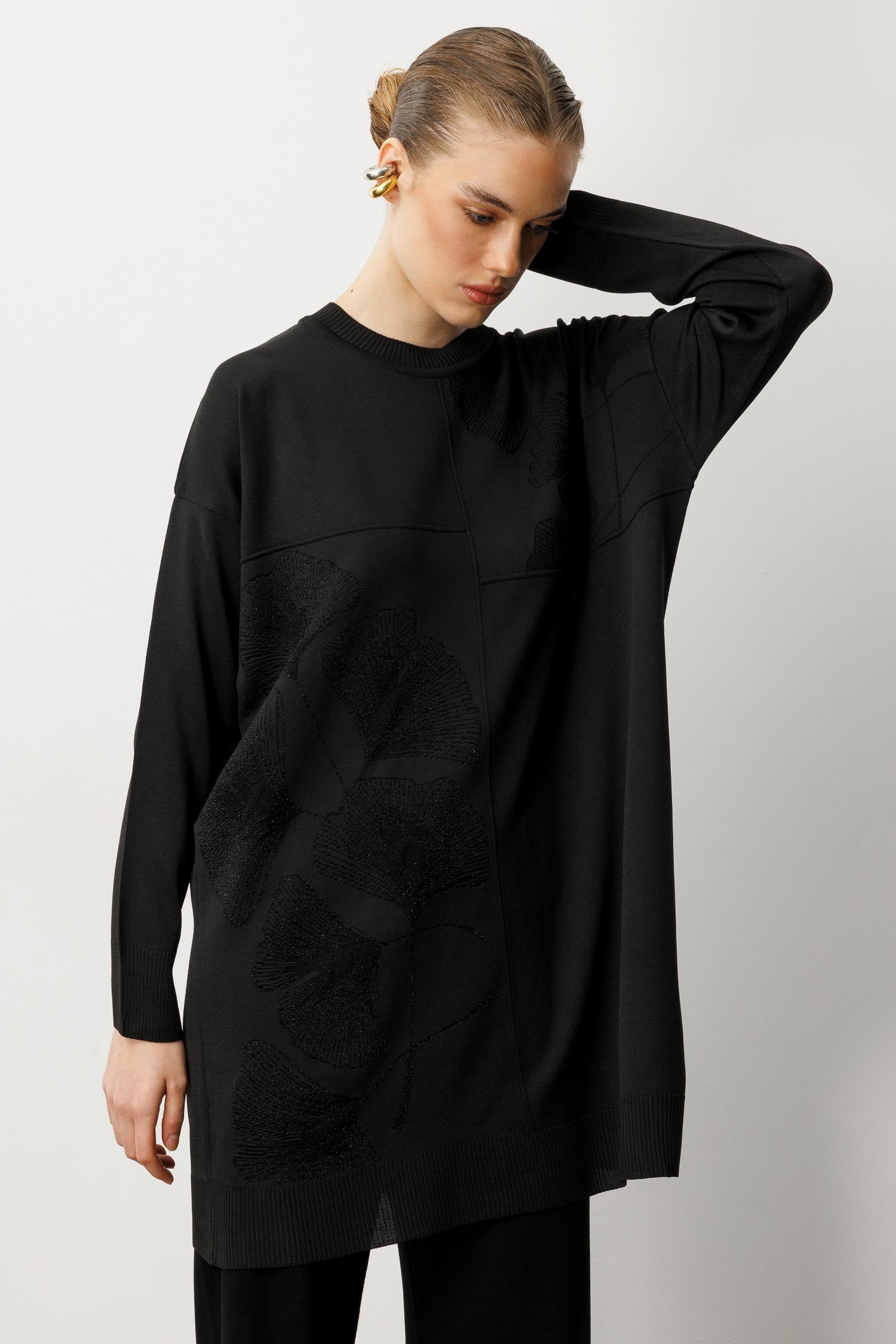 Simli Çiçek Detaylı Triko Tunik-SİYAH