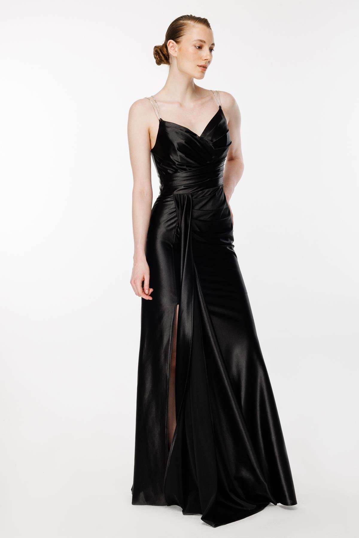 Simli İp Askılı Yırtmaçlı Saten Abiye - SİYAH