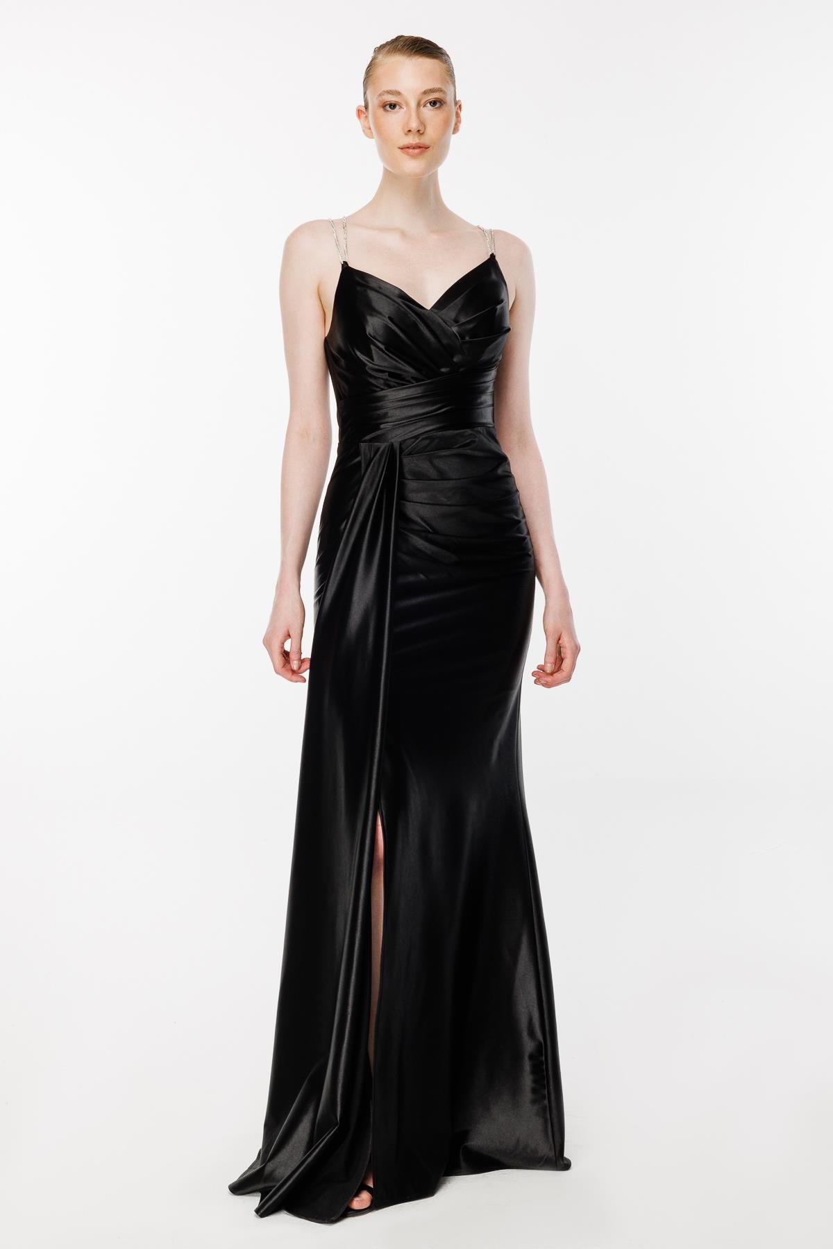 Simli İp Askılı Yırtmaçlı Saten Abiye - SİYAH