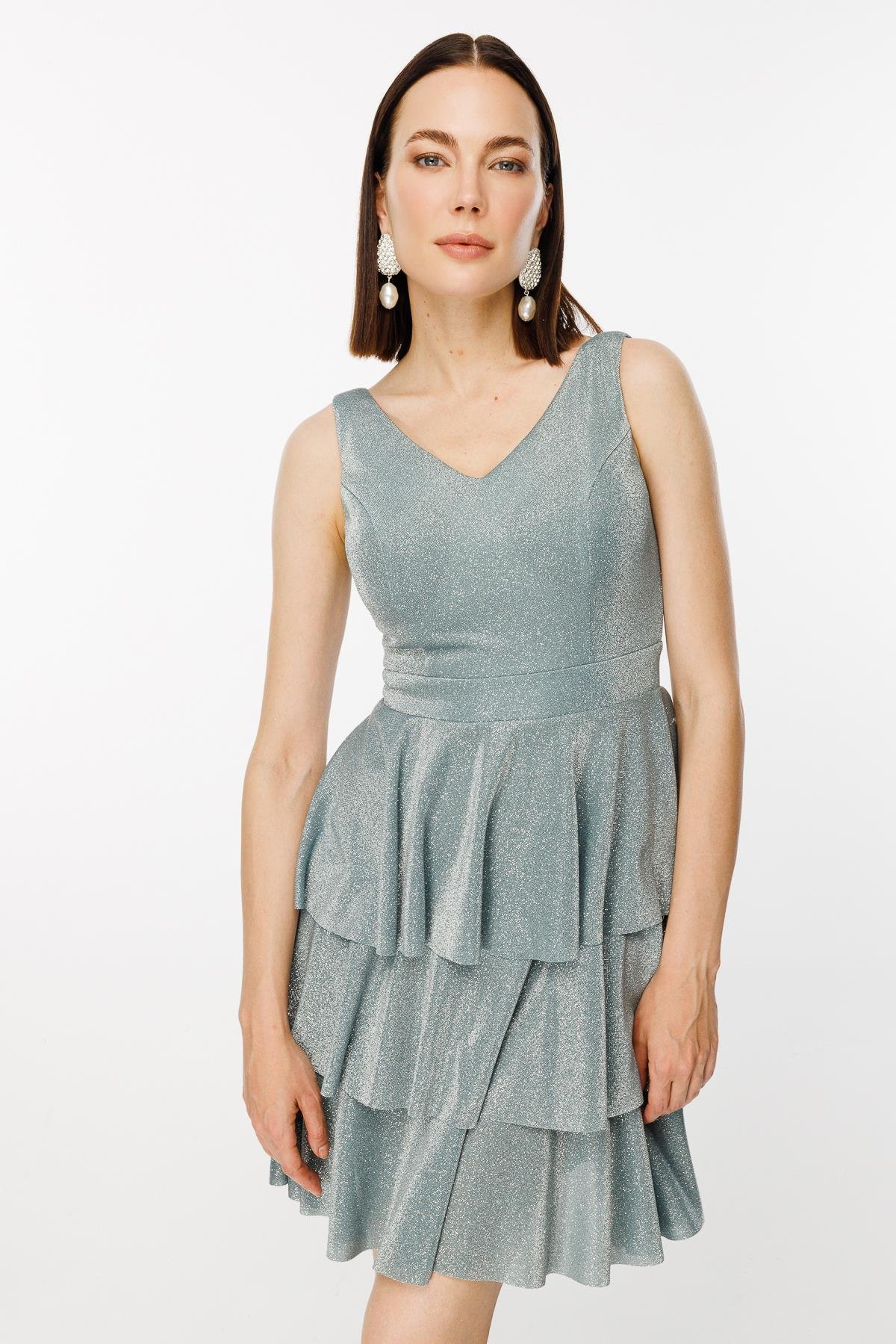 Simli Kat Kat Kısa Abiye - MINT