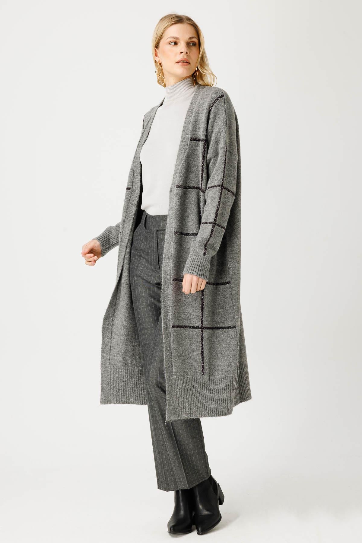 Simli Uzun Triko Hırka - GRİ