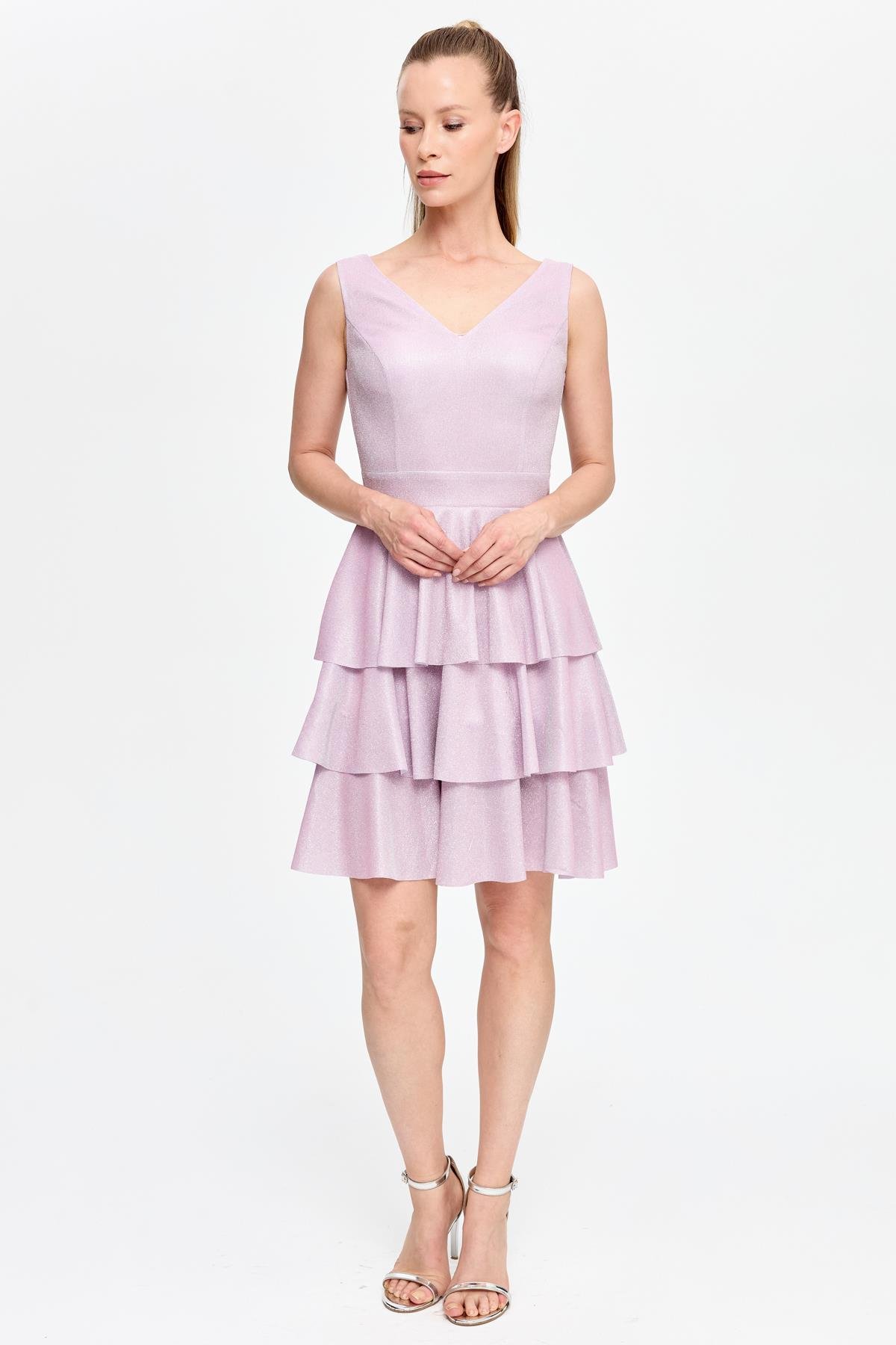 Simli ve Kat Kat Detaylı Kısa Abiye - PUDRA