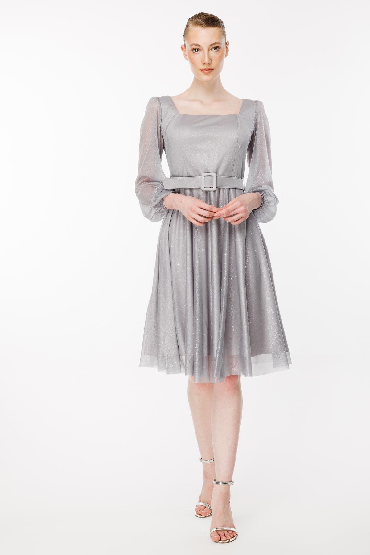 Simli Ve Kemerli Kısa Abiye Elbise - GRİ