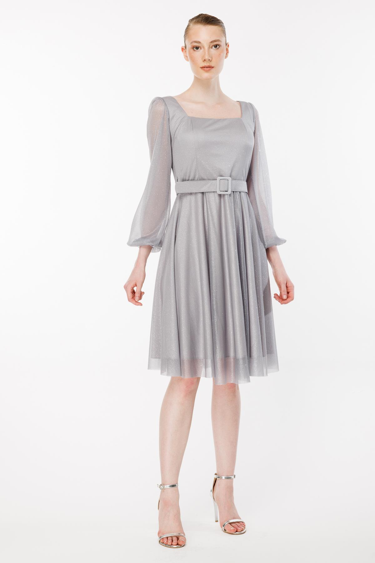 Simli Ve Kemerli Kısa Abiye Elbise - GRİ