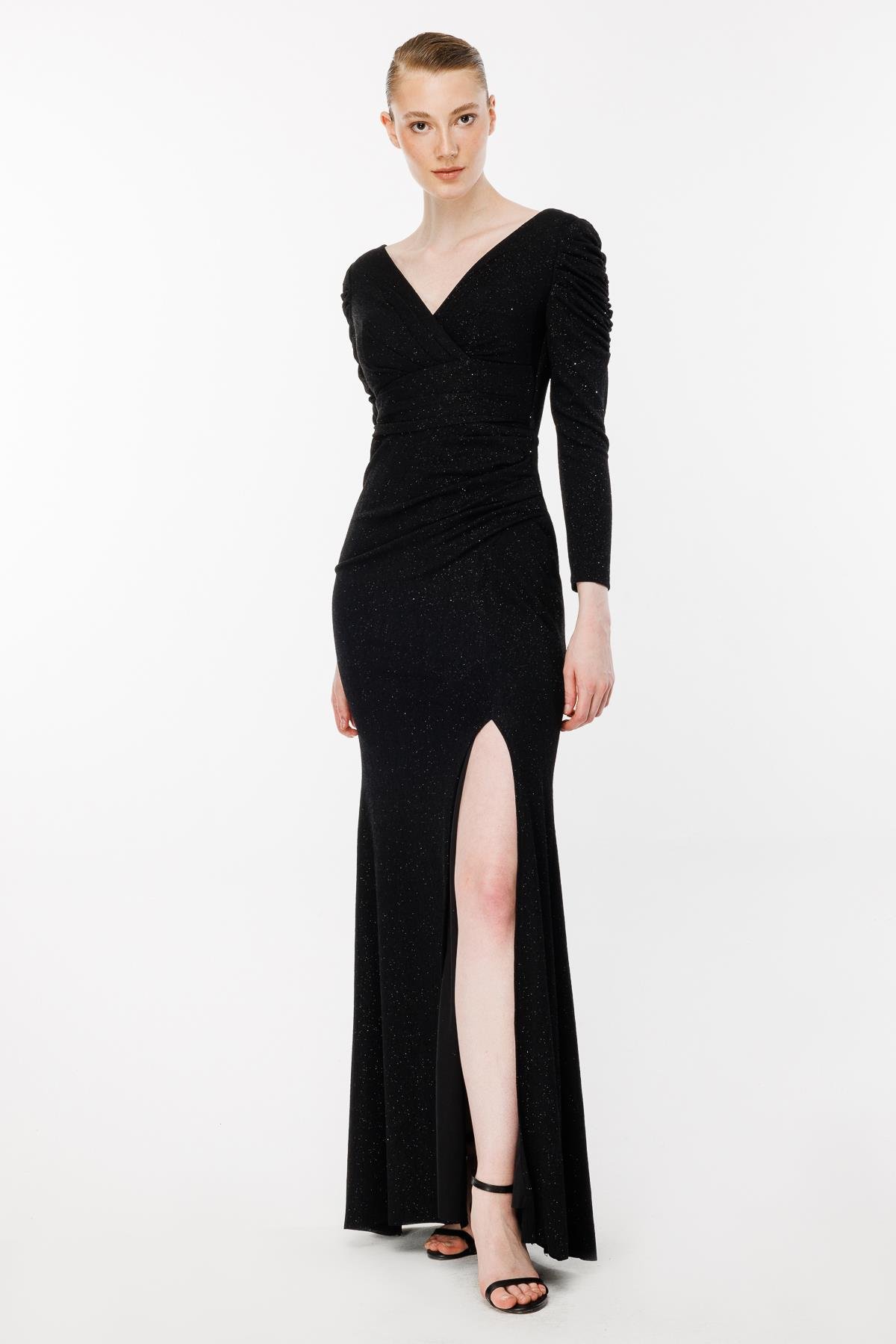 Simli Ve Yırtmaç Detaylı Uzun Abiye - SİYAH