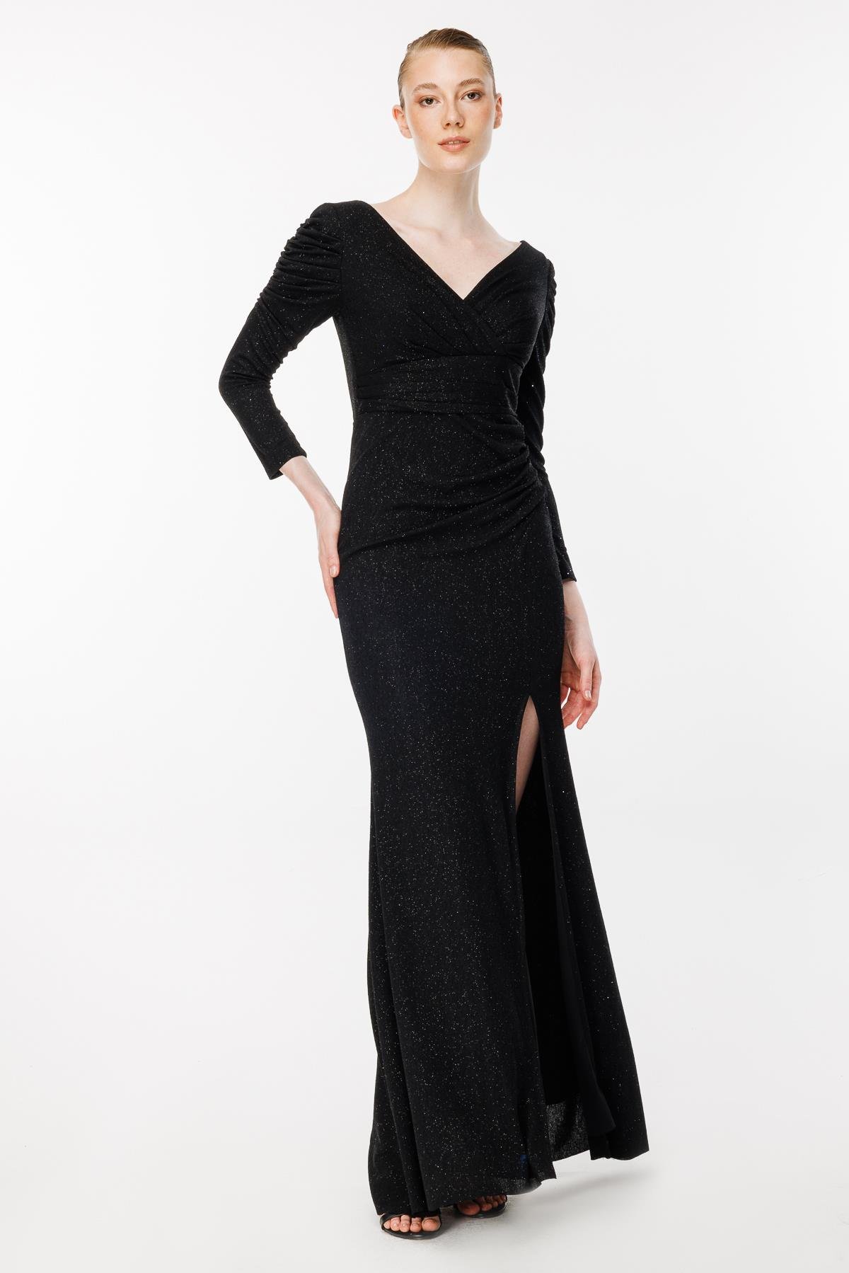 Simli Ve Yırtmaç Detaylı Uzun Abiye - SİYAH