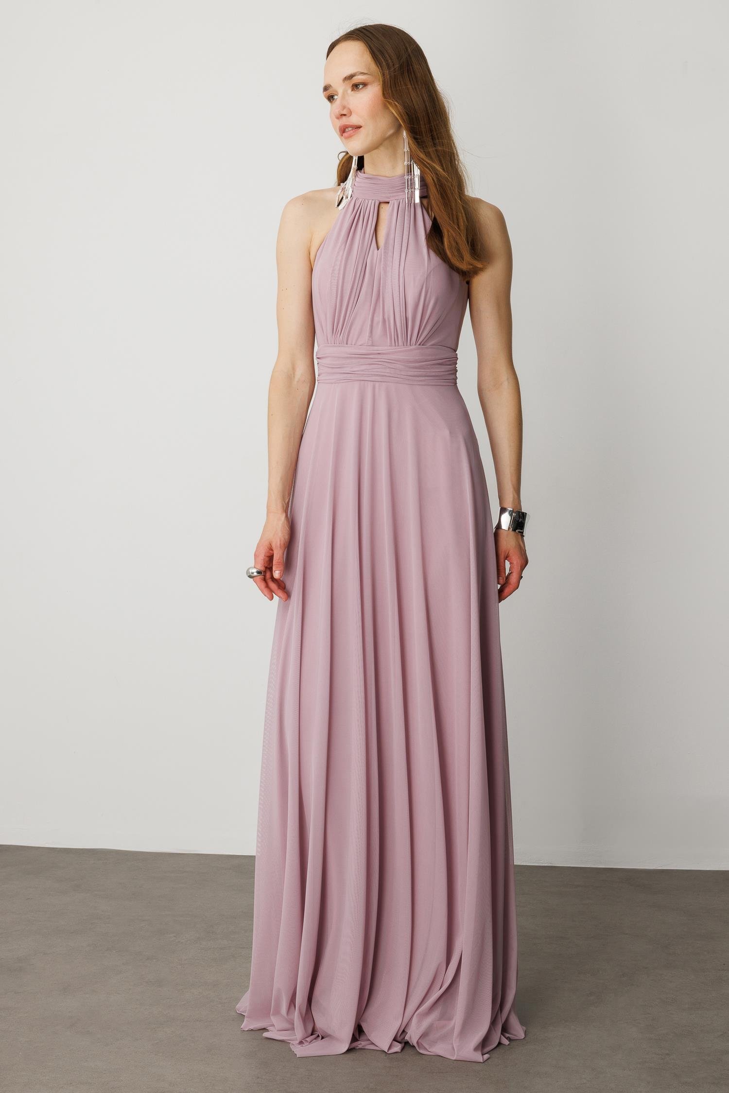 Sırt Dekolteli Kloş Etekli Tül Uzun Abiye Elbise-LAVANTA