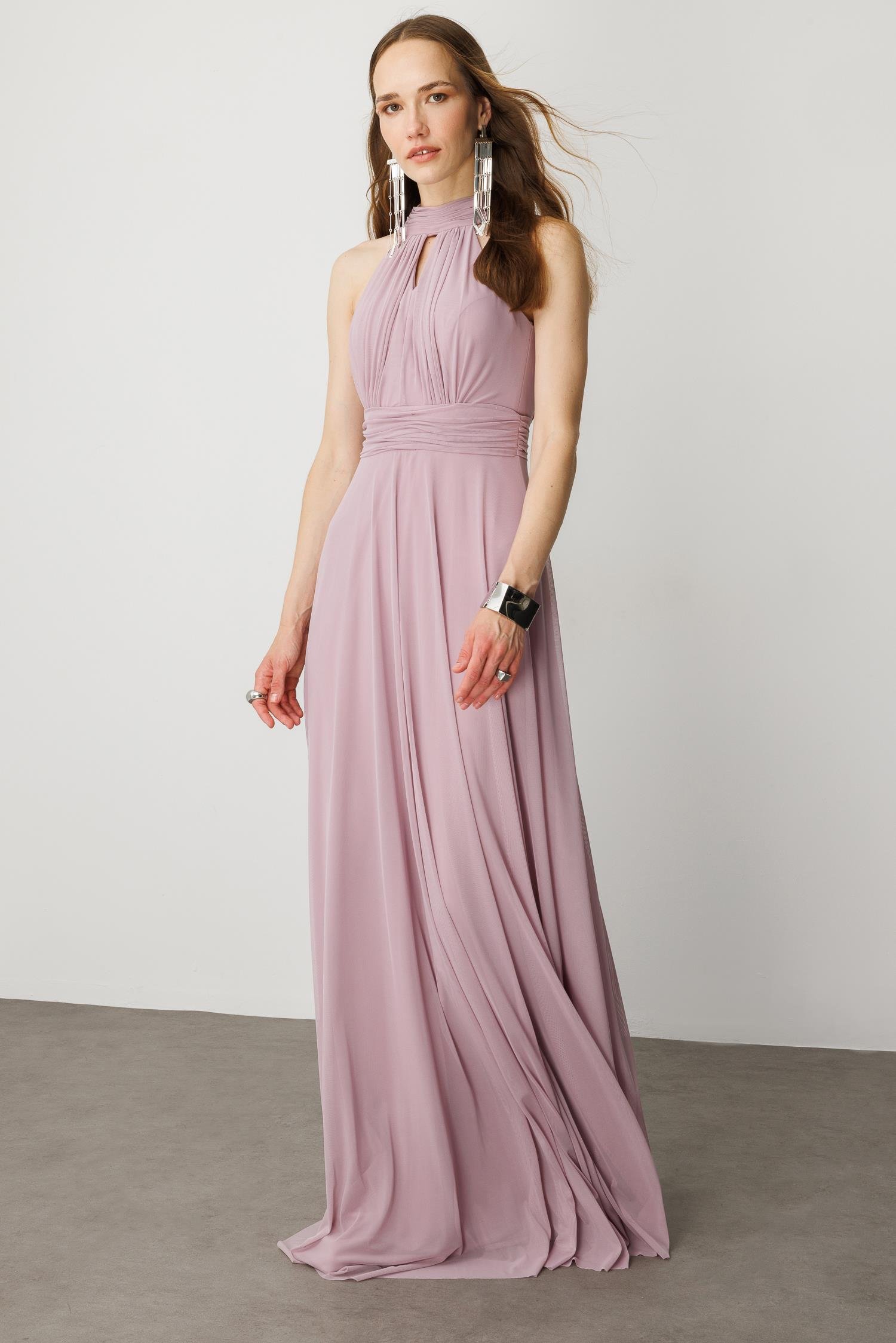 Sırt Dekolteli Kloş Etekli Tül Uzun Abiye Elbise-LAVANTA