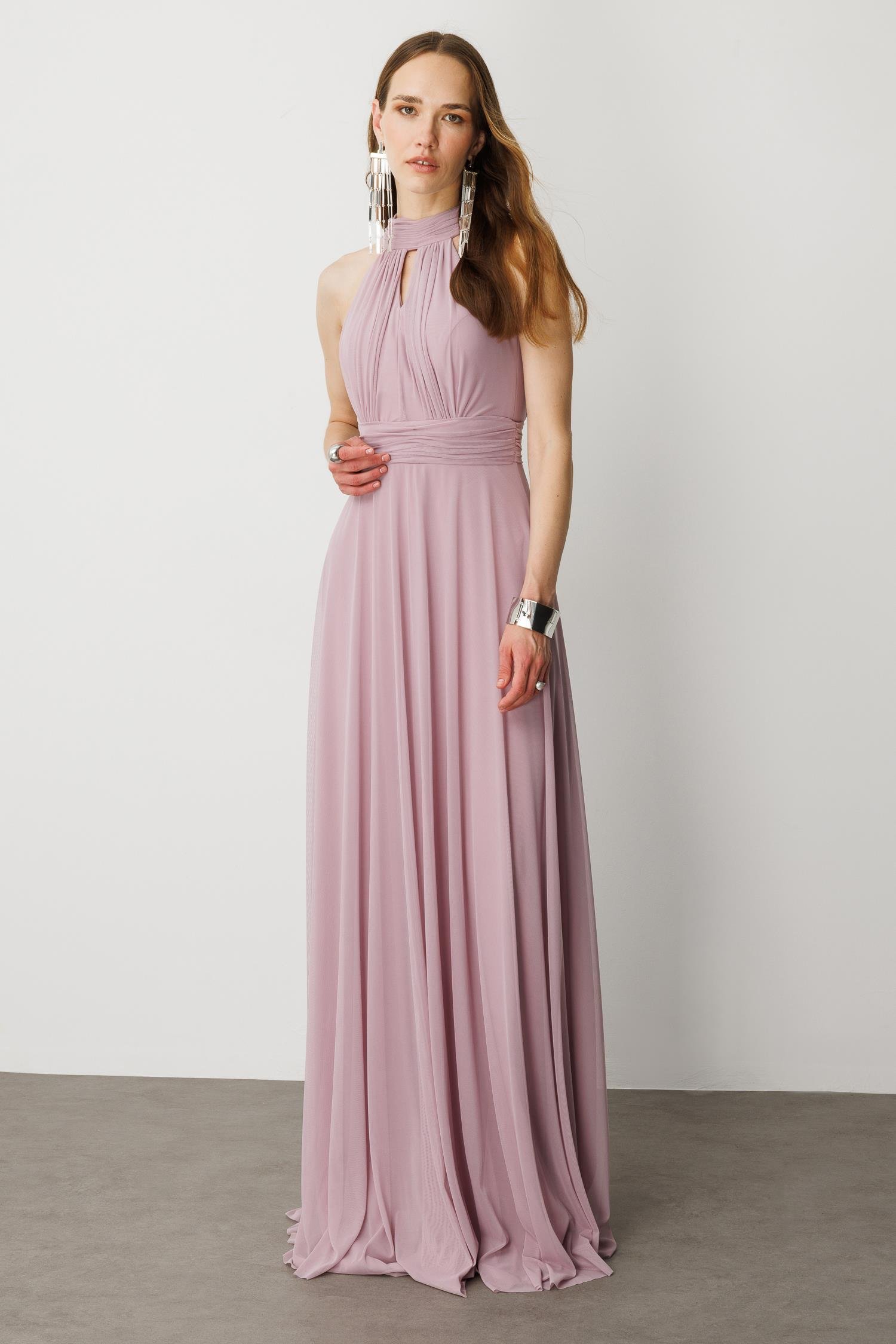 Sırt Dekolteli Kloş Etekli Tül Uzun Abiye Elbise-LAVANTA