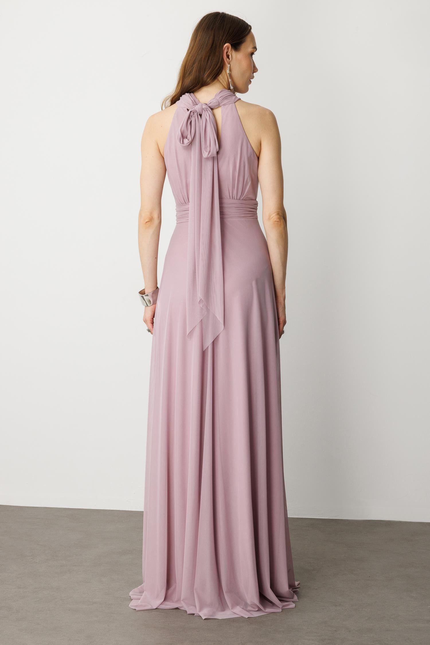 Sırt Dekolteli Kloş Etekli Tül Uzun Abiye Elbise-LAVANTA