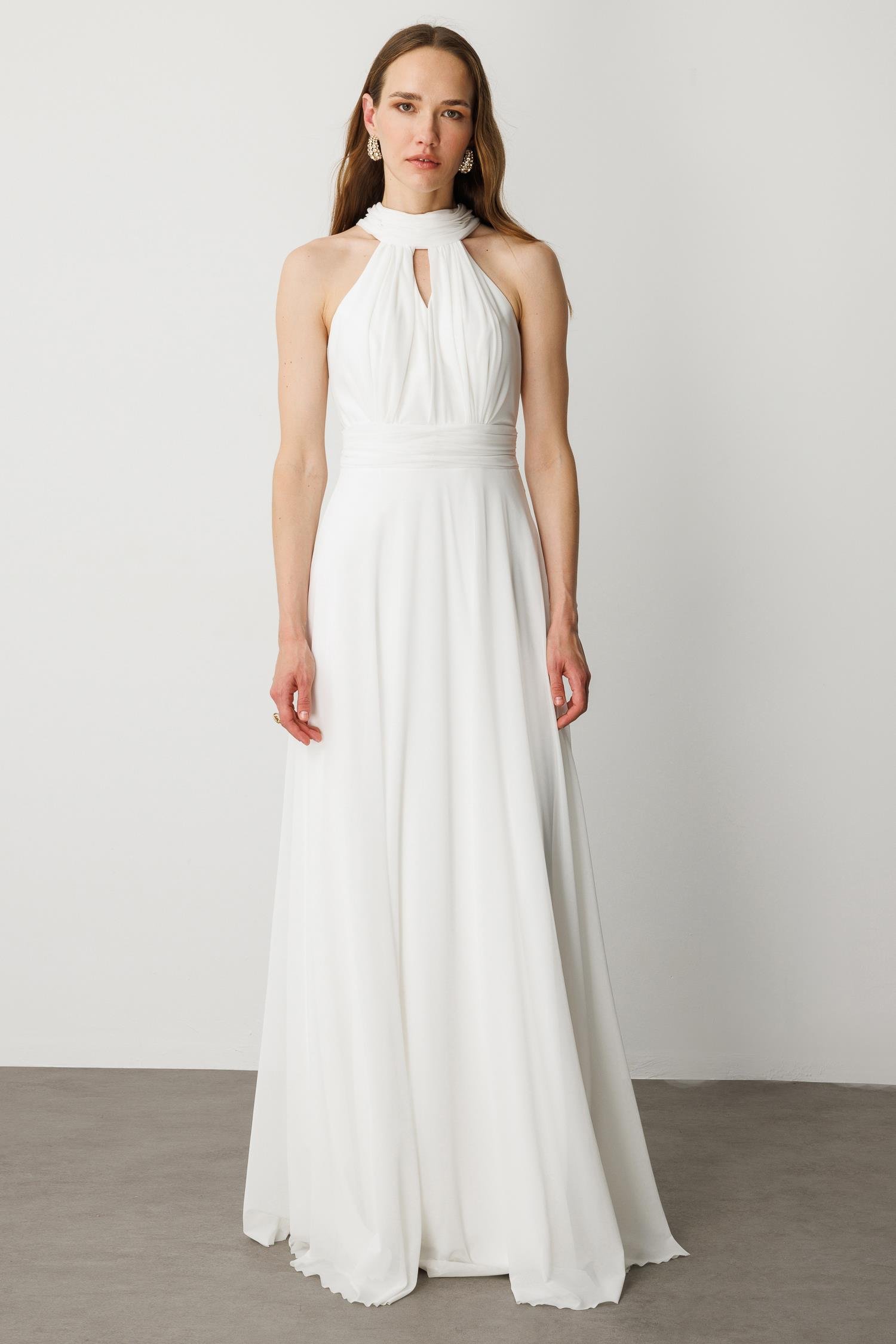 Sırt Dekolteli Kloş Etekli Tül Uzun Abiye Elbise-EKRU