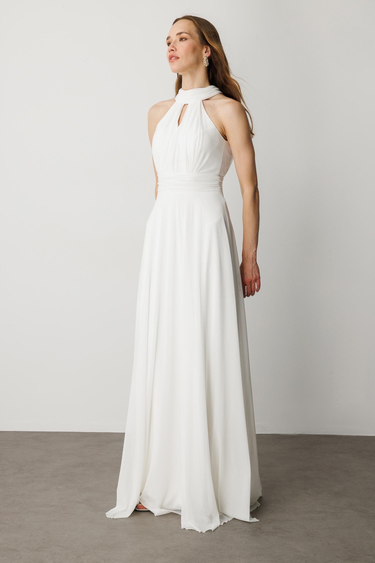 Sırt Dekolteli Kloş Etekli Tül Uzun Abiye Elbise-EKRU