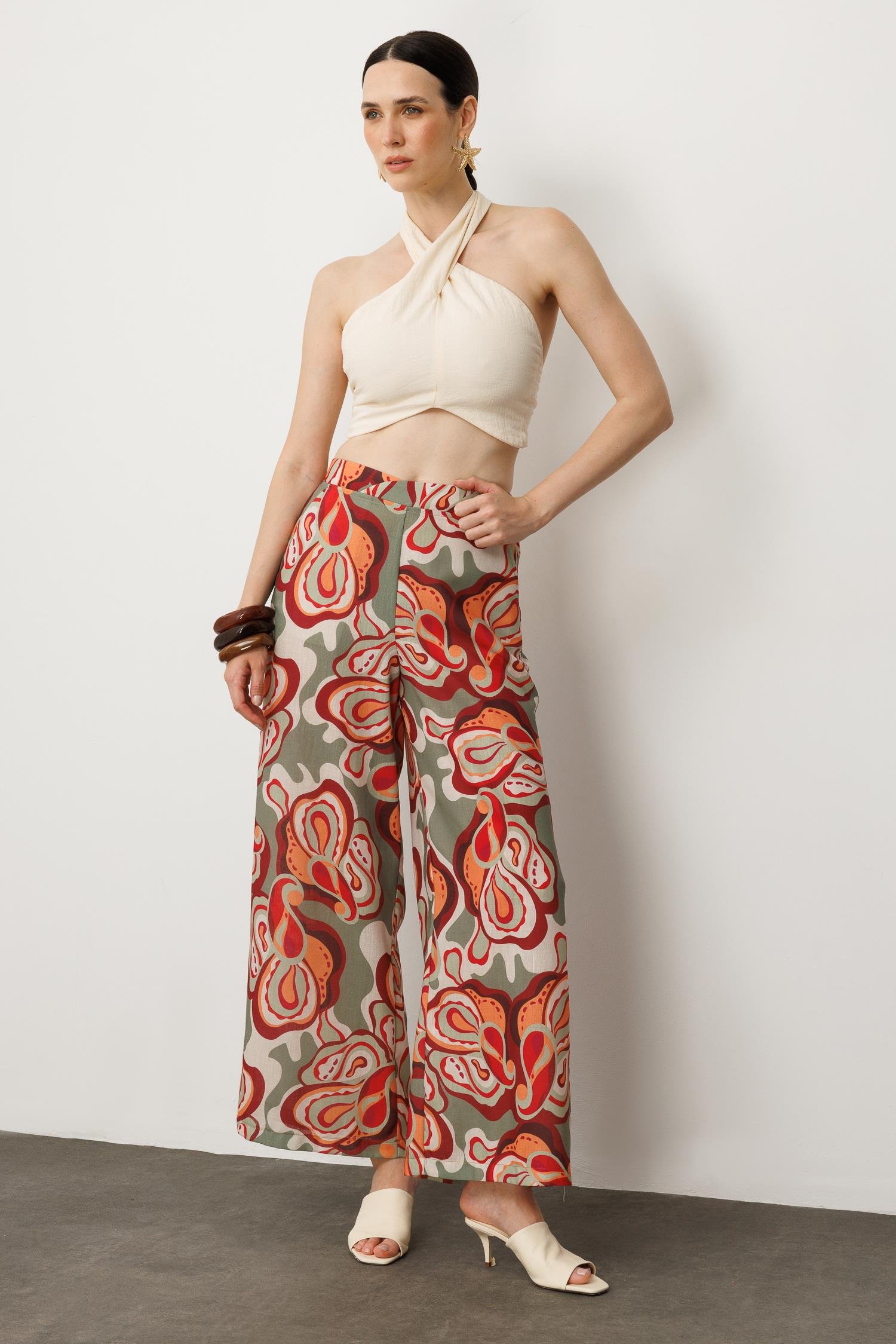 Soyut Baskı Bol Paça Pantolon-ÇAĞLA