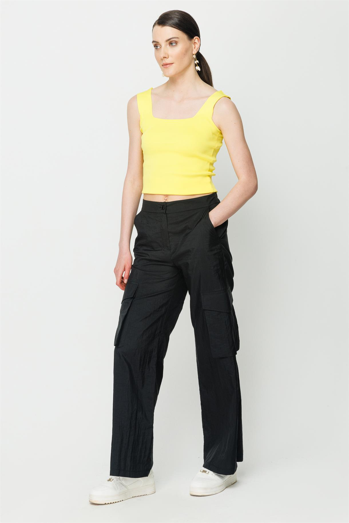 Straight Fit Paraşüt Kargo Pantolon - SİYAH