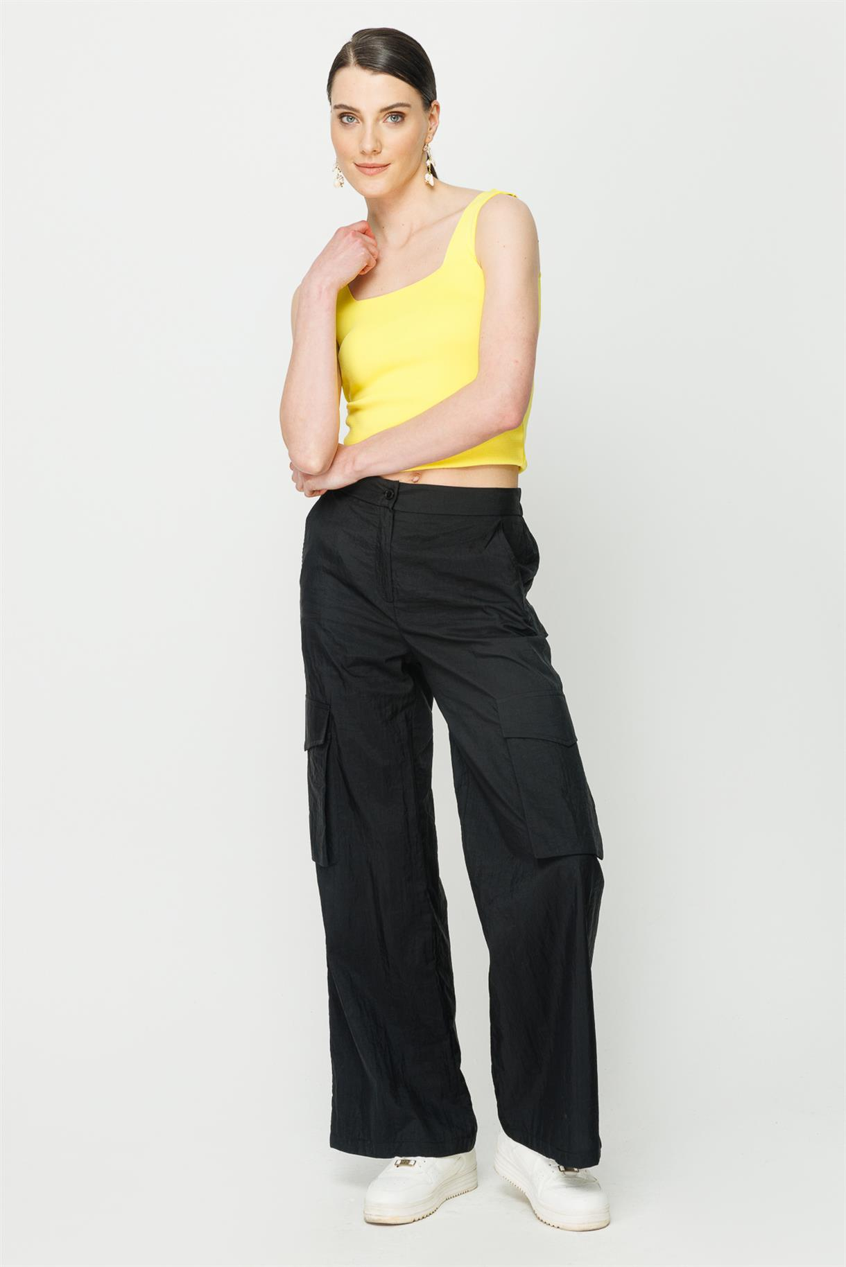 Straight Fit Paraşüt Kargo Pantolon - SİYAH