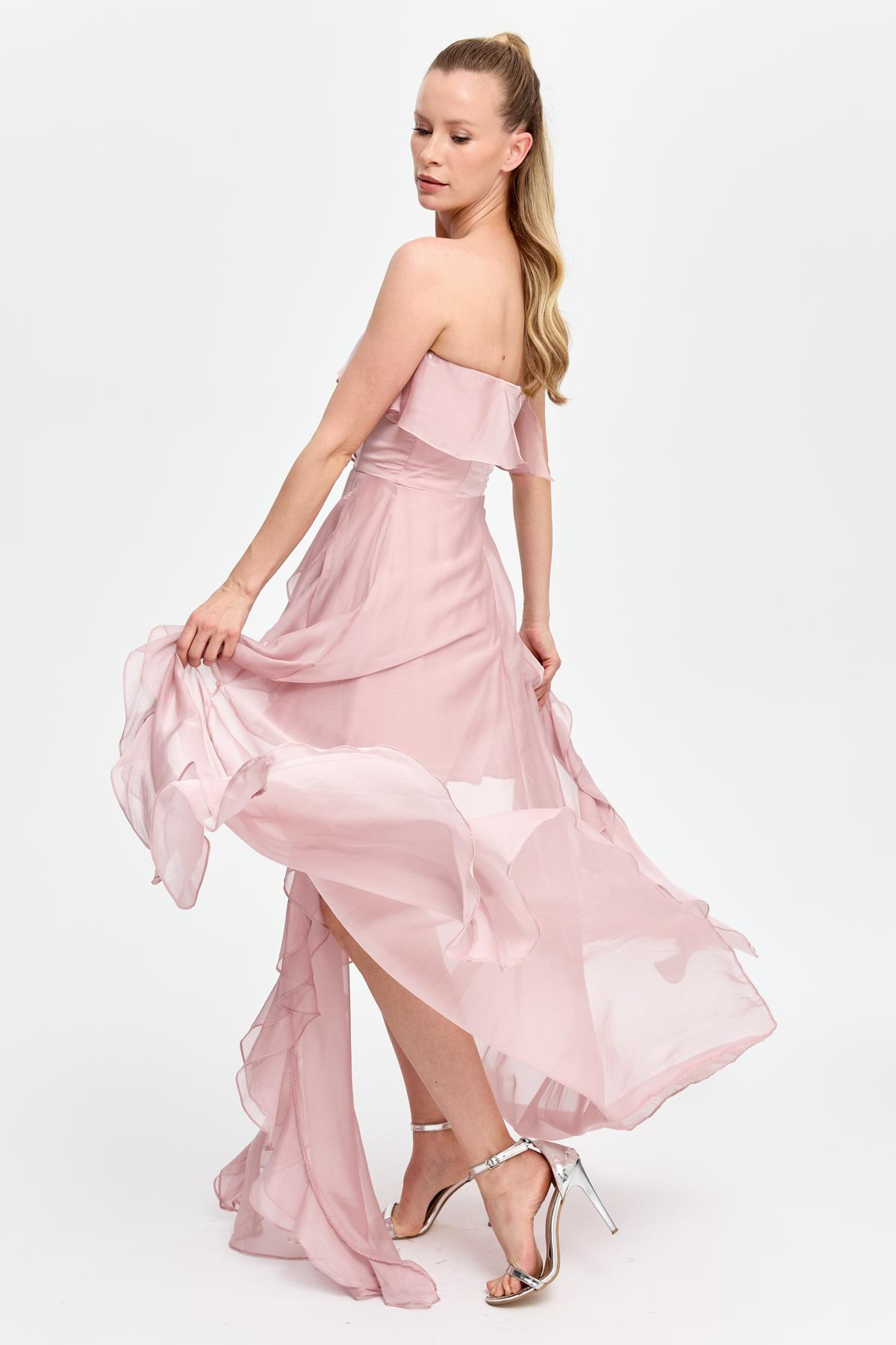 Straplez Yaka Volan Detaylı Uzun Abiye - PUDRA