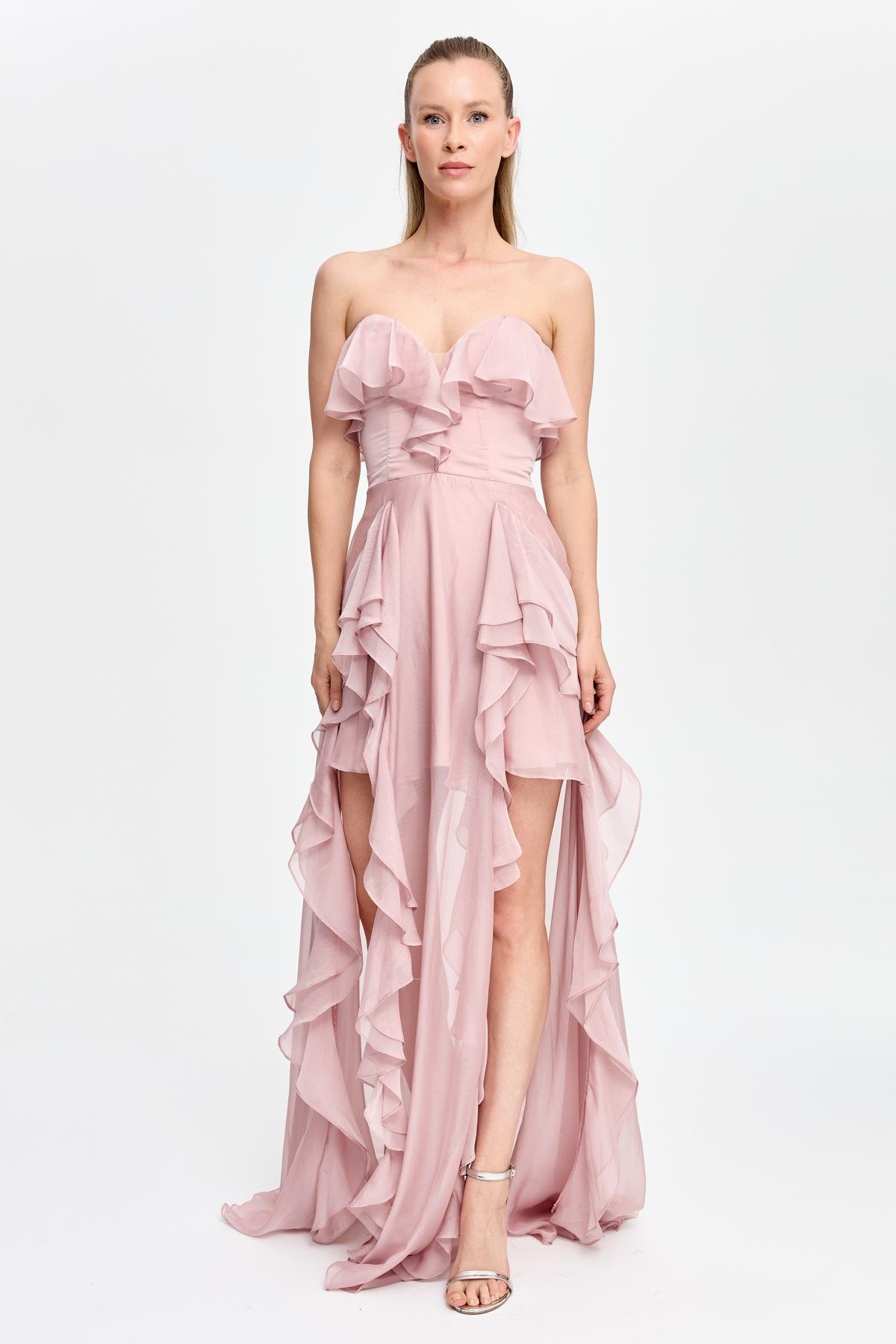 Straplez Yaka Volan Detaylı Uzun Abiye - PUDRA